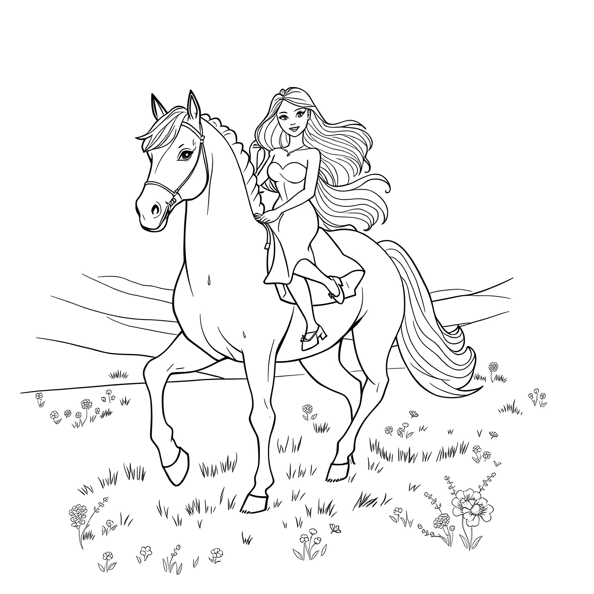 Barbie Riding a Majestic Horse in the Meadow Coloring Page (free black-and-white line drawing printable PDF for all, from beginners to advanced learners, including children, teens, adults, and seniors)