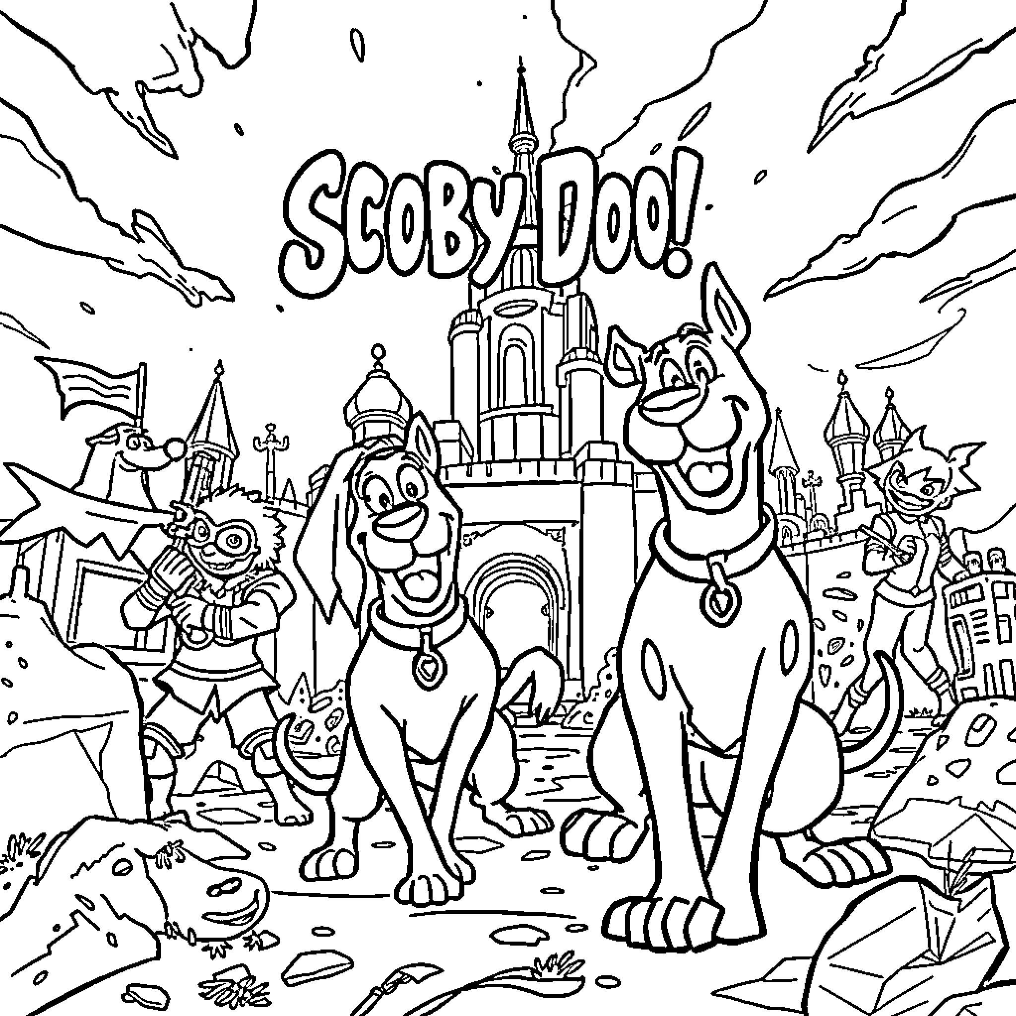 Scooby Doo and friends exploring a whimsical fantasy world Coloring Page (free black-and-white line drawing printable PDF for all, from beginners to advanced learners, including children, teens, adults, and seniors)