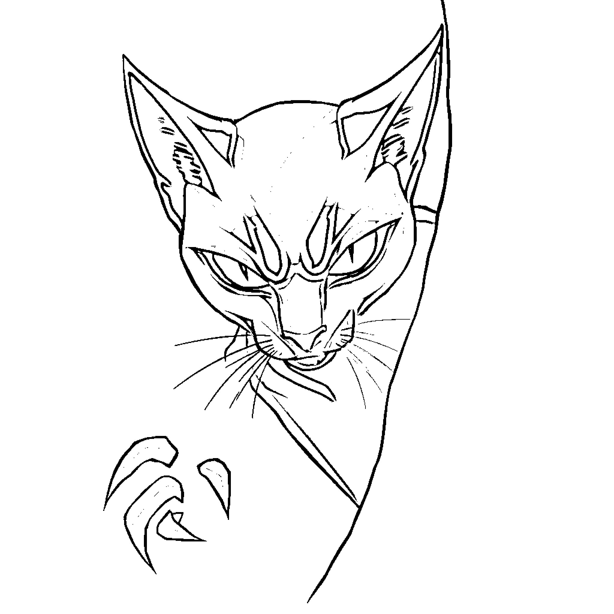 Katseye Mischievous Cat Character Coloring Page (free black-and-white line drawing printable PDF for all, from beginners to advanced learners, including children, teens, adults, and seniors)