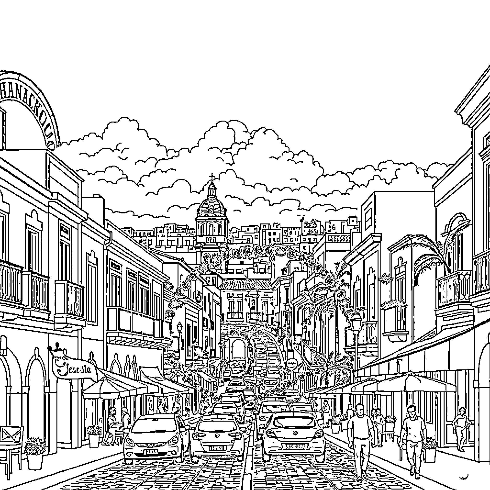 Santo Domingo street scene with bustling activity Coloring Page (free black-and-white line drawing printable PDF for all, from beginners to advanced learners, including children, teens, adults, and seniors)