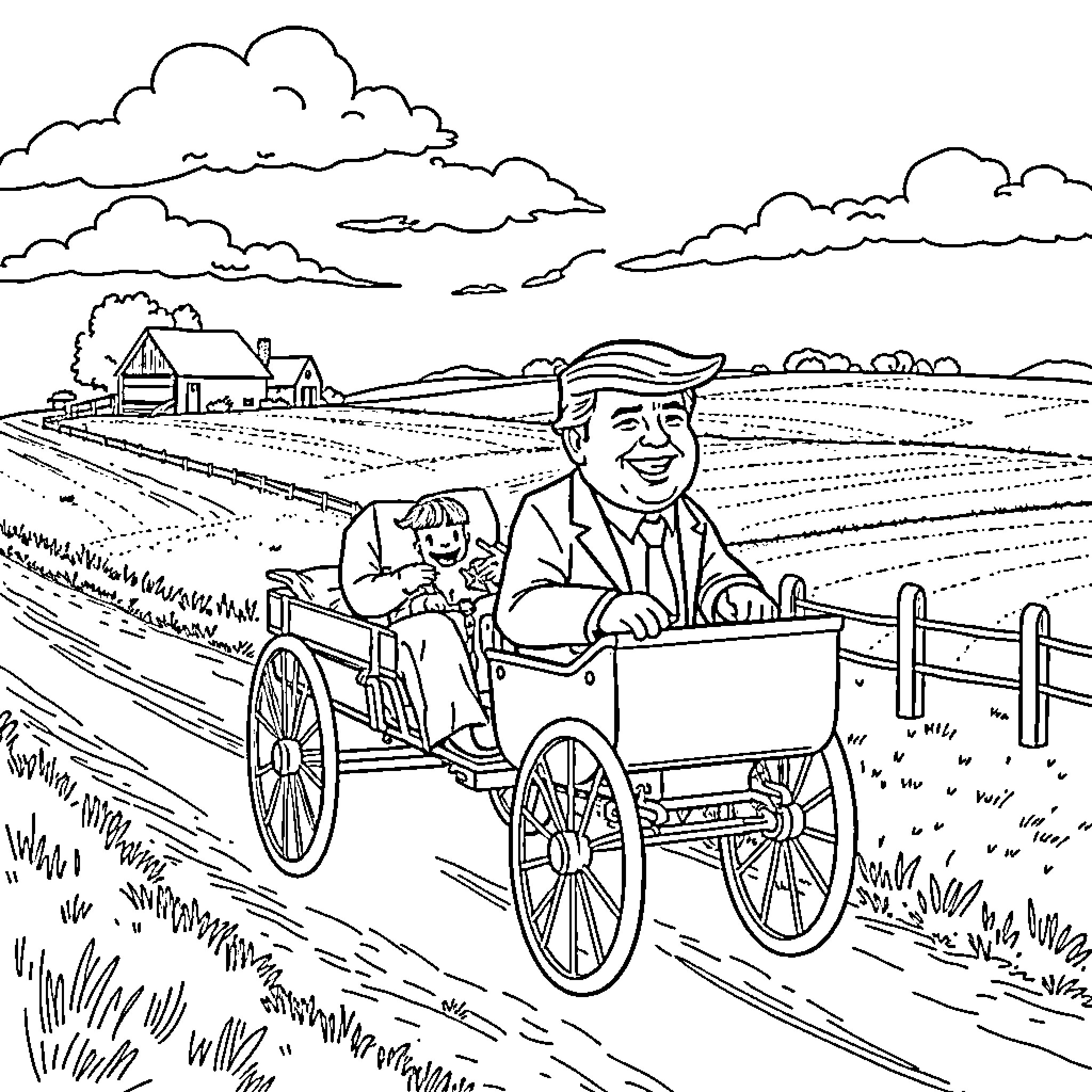 Hasbulla's Rustic Countryside Adventure Coloring Page (free black-and-white line drawing printable PDF for all, from beginners to advanced learners, including children, teens, adults, and seniors)