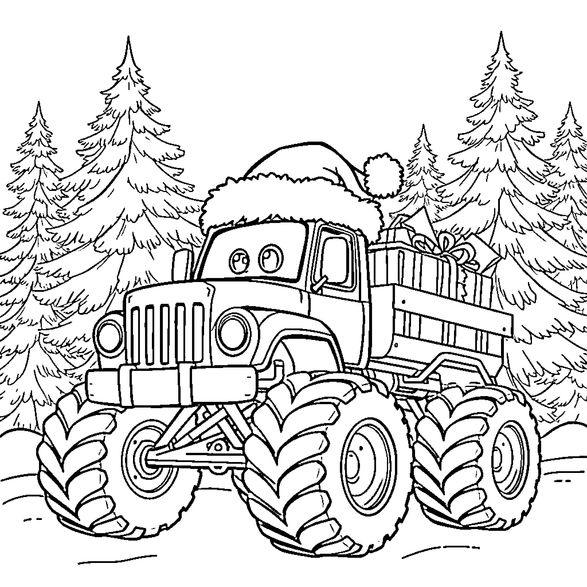 Monster Truck Traversing Snowy Woodland Landscape Coloring Page (free black-and-white line drawing printable PDF for all, from beginners to advanced learners, including children, teens, adults, and seniors)