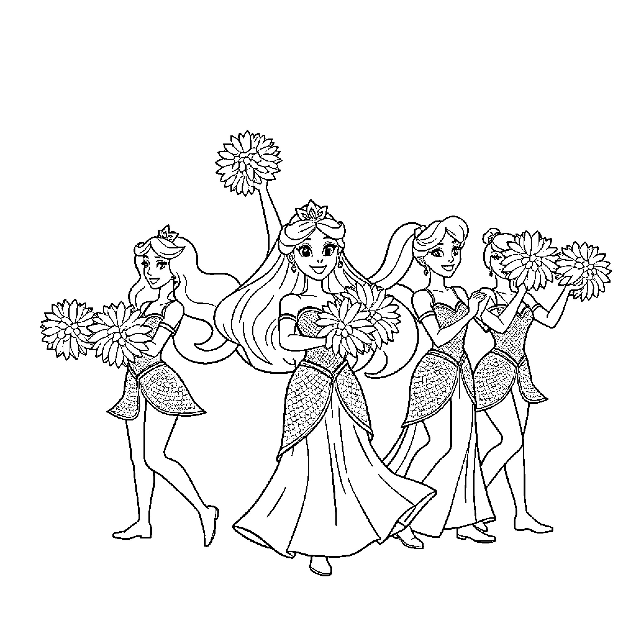 Princess and her Flower Fairy Friends Coloring Page (free black-and-white line drawing printable PDF for all, from beginners to advanced learners, including children, teens, adults, and seniors)
