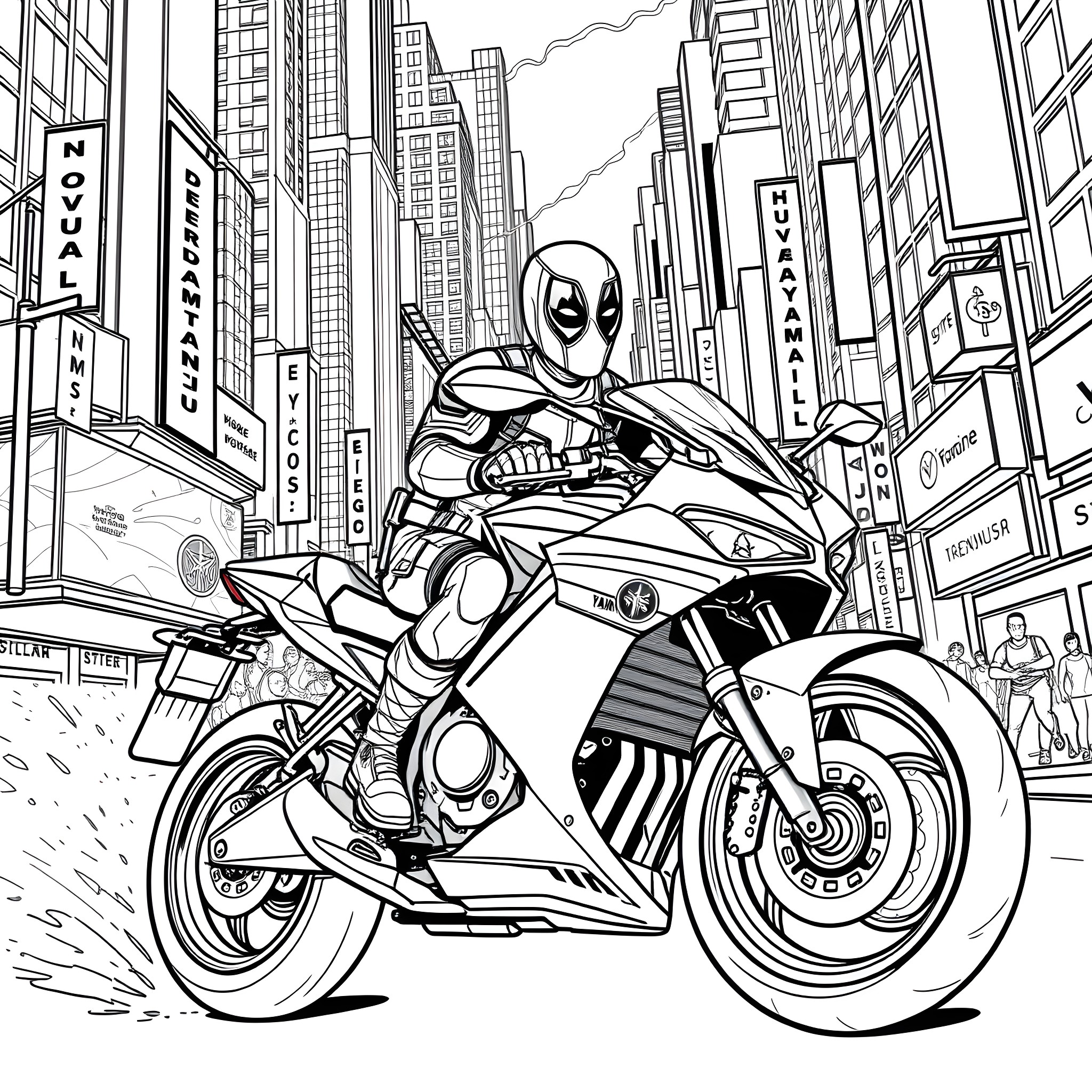 Deadpool's Thrilling Motorcycle Ride Through the City Coloring Page (free black-and-white line drawing printable PDF for all, from beginners to advanced learners, including children, teens, adults, and seniors)