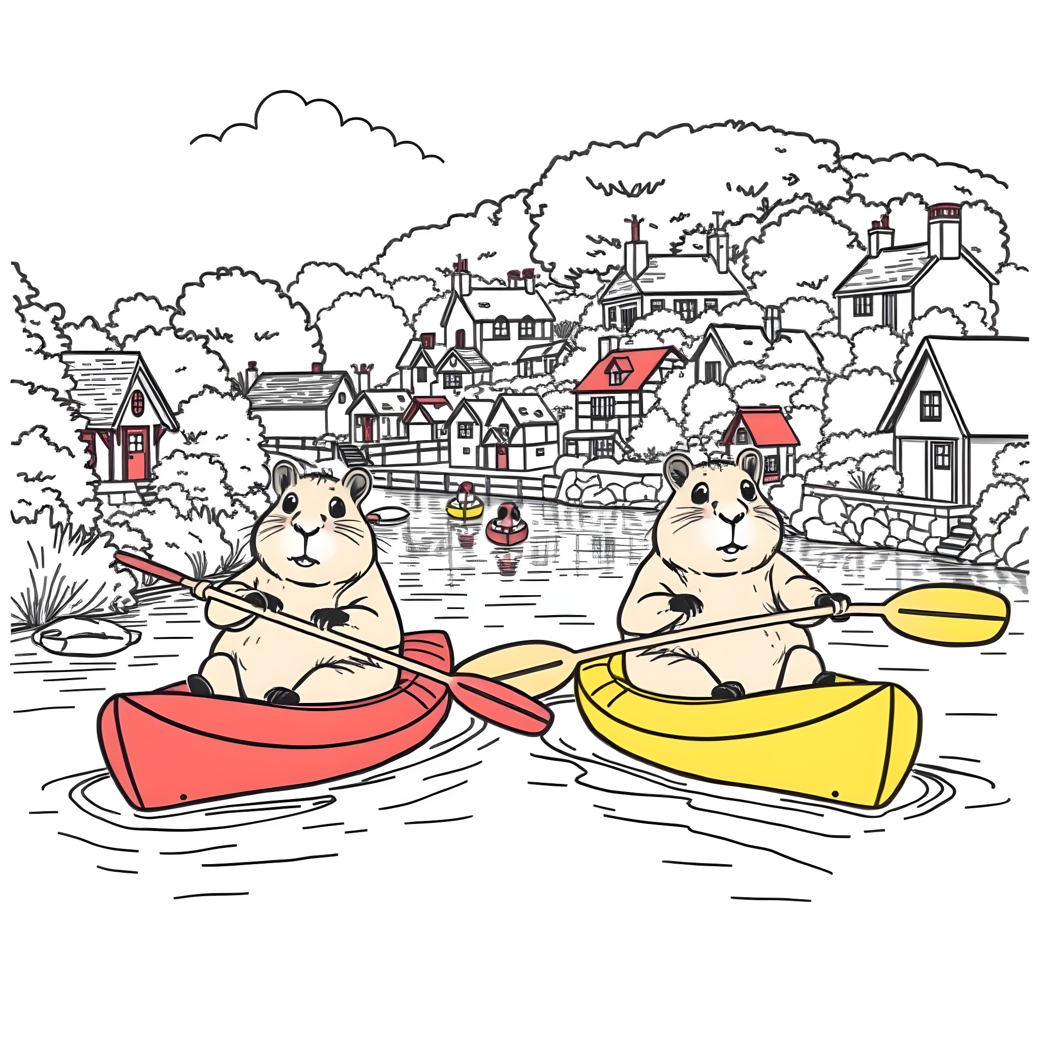 Capybaras paddling in colorful canoes through scenic town Coloring Page (free black-and-white line drawing printable PDF for all, from beginners to advanced learners, including children, teens, adults, and seniors)