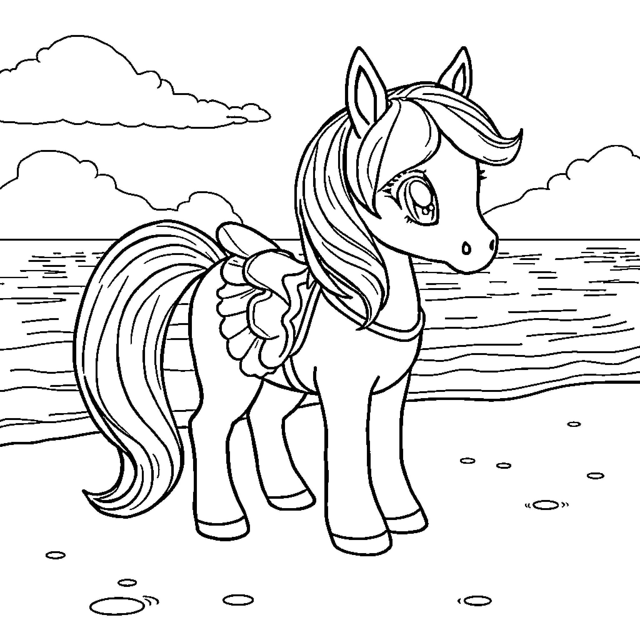 Pony prancing on the beach Coloring Page (free black-and-white line drawing printable PDF for all, from beginners to advanced learners, including children, teens, adults, and seniors)