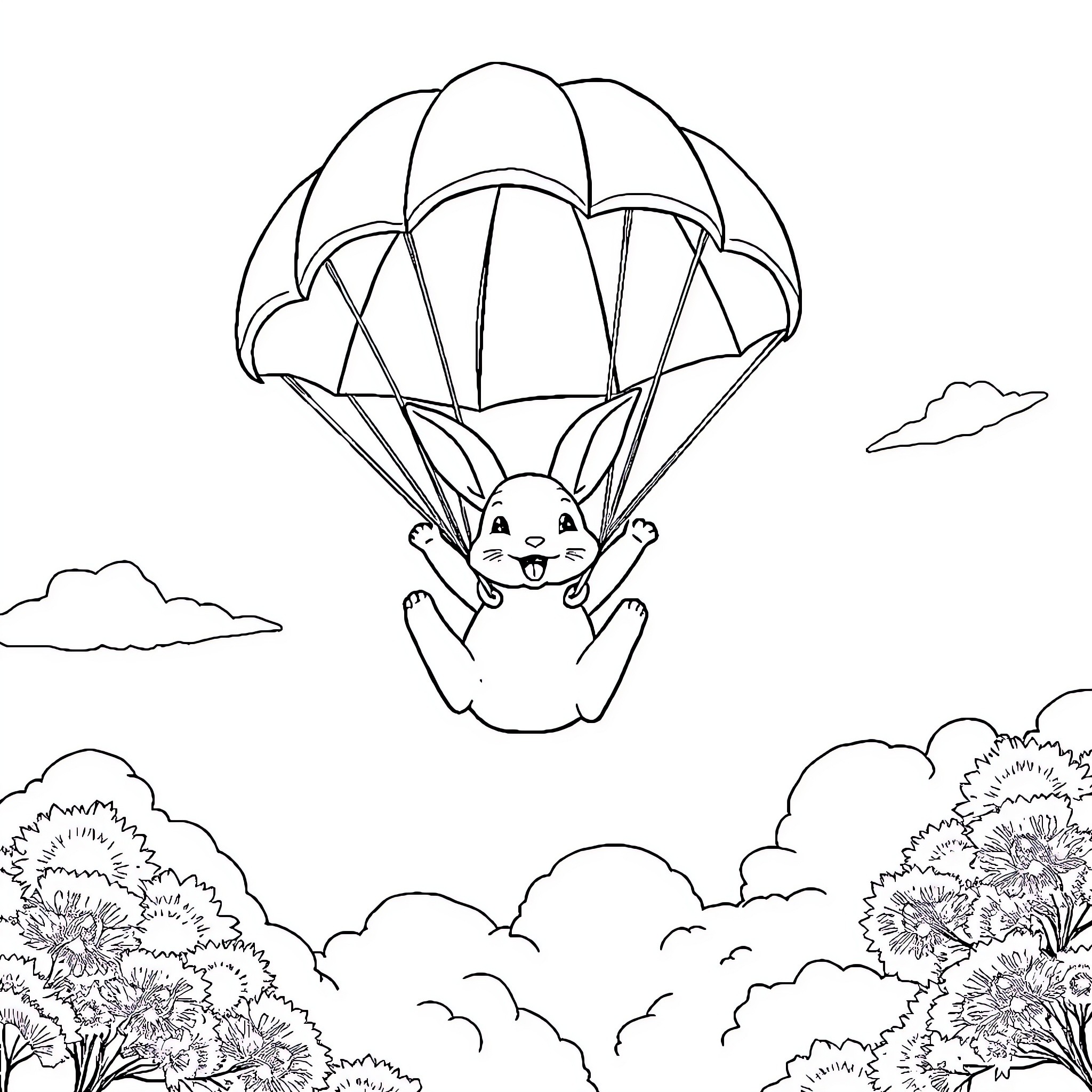 Rabbit floating in the sky with parachute Coloring Page (free black-and-white line drawing printable PDF for all, from beginners to advanced learners, including children, teens, adults, and seniors)