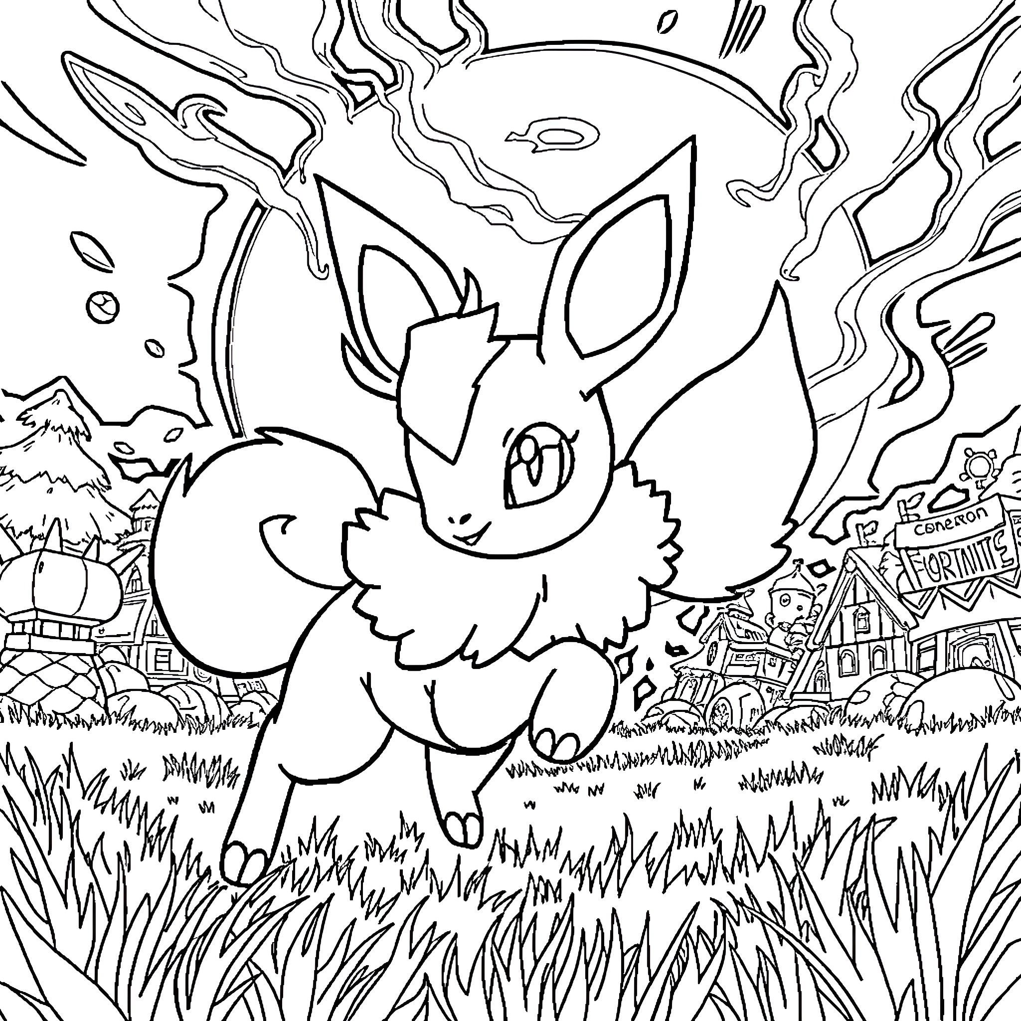 Umbreon exploring a whimsical fantasy landscape Coloring Page (free black-and-white line drawing printable PDF for all, from beginners to advanced learners, including children, teens, adults, and seniors)