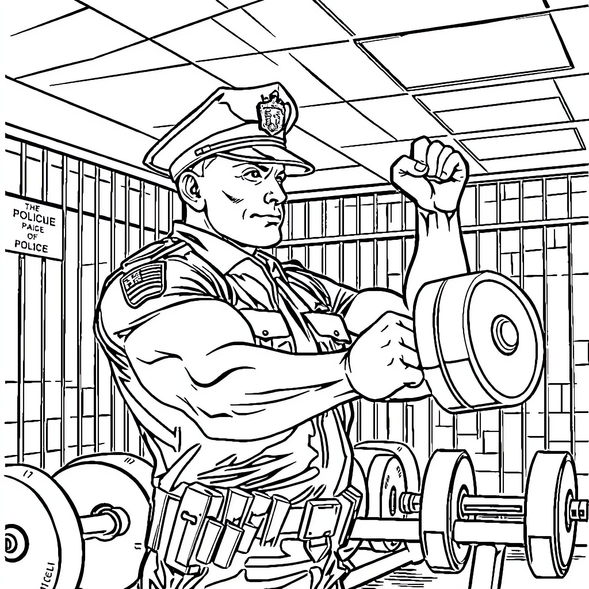 Police Officer Lifting Weights in Station Coloring Page (free black-and-white line drawing printable PDF for all, from beginners to advanced learners, including children, teens, adults, and seniors)