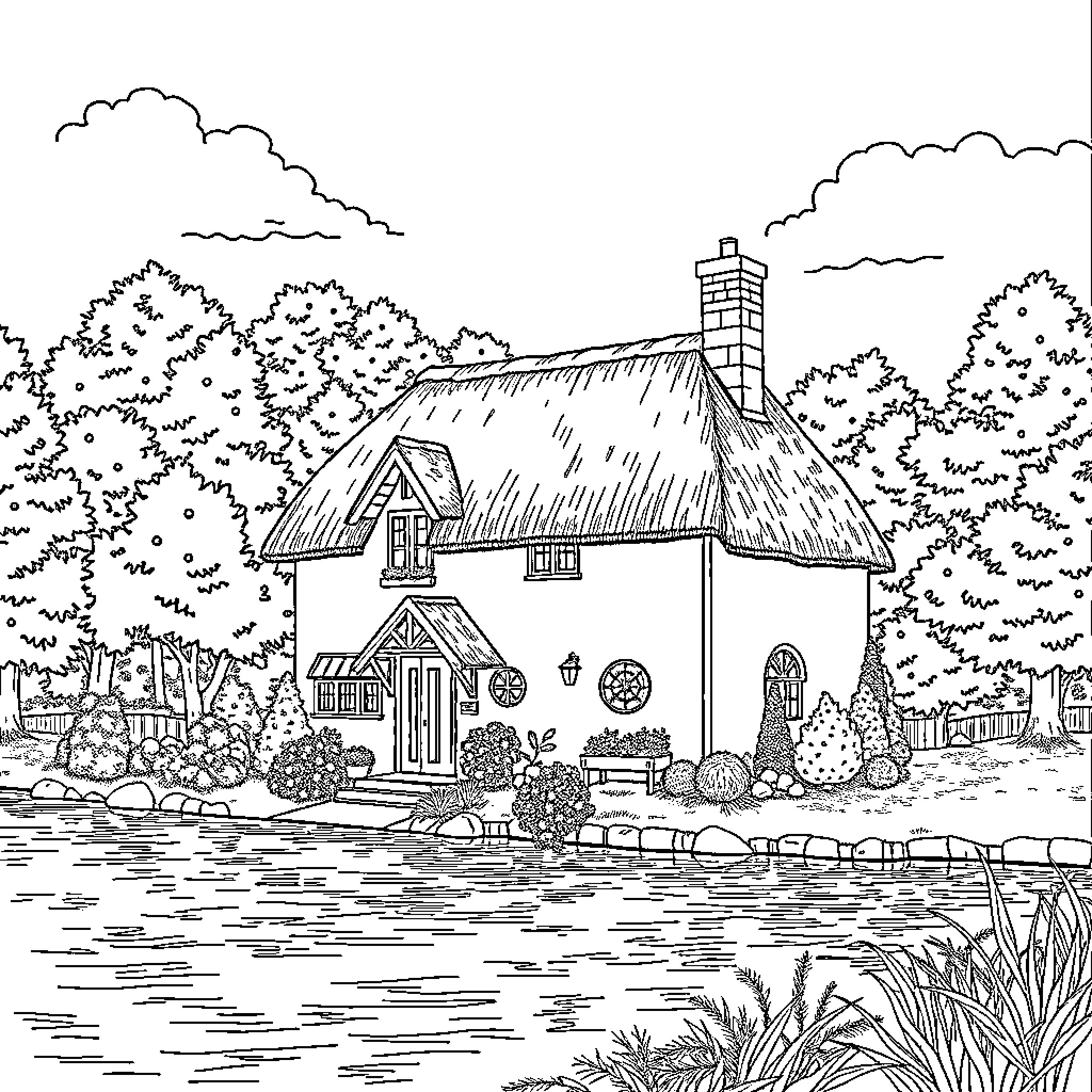 Cottage by the tranquil lake Coloring Page (free black-and-white line drawing printable PDF for all, from beginners to advanced learners, including children, teens, adults, and seniors)