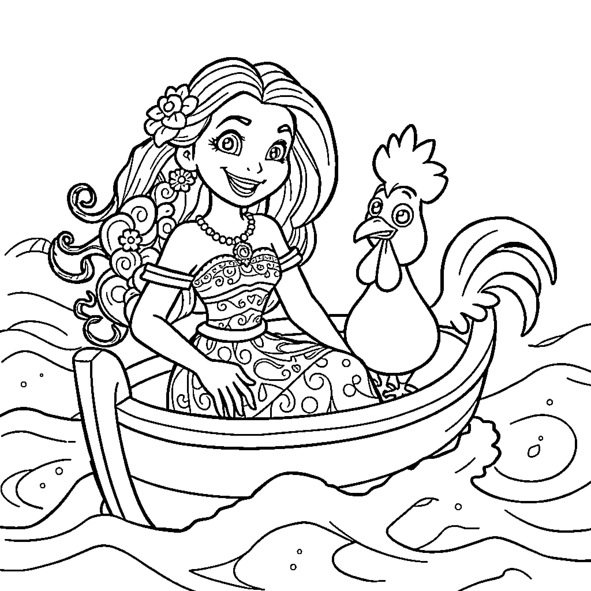 Vaiana exploring the ocean with her rooster companion Coloring Page (free black-and-white line drawing printable PDF for all, from beginners to advanced learners, including children, teens, adults, and seniors)