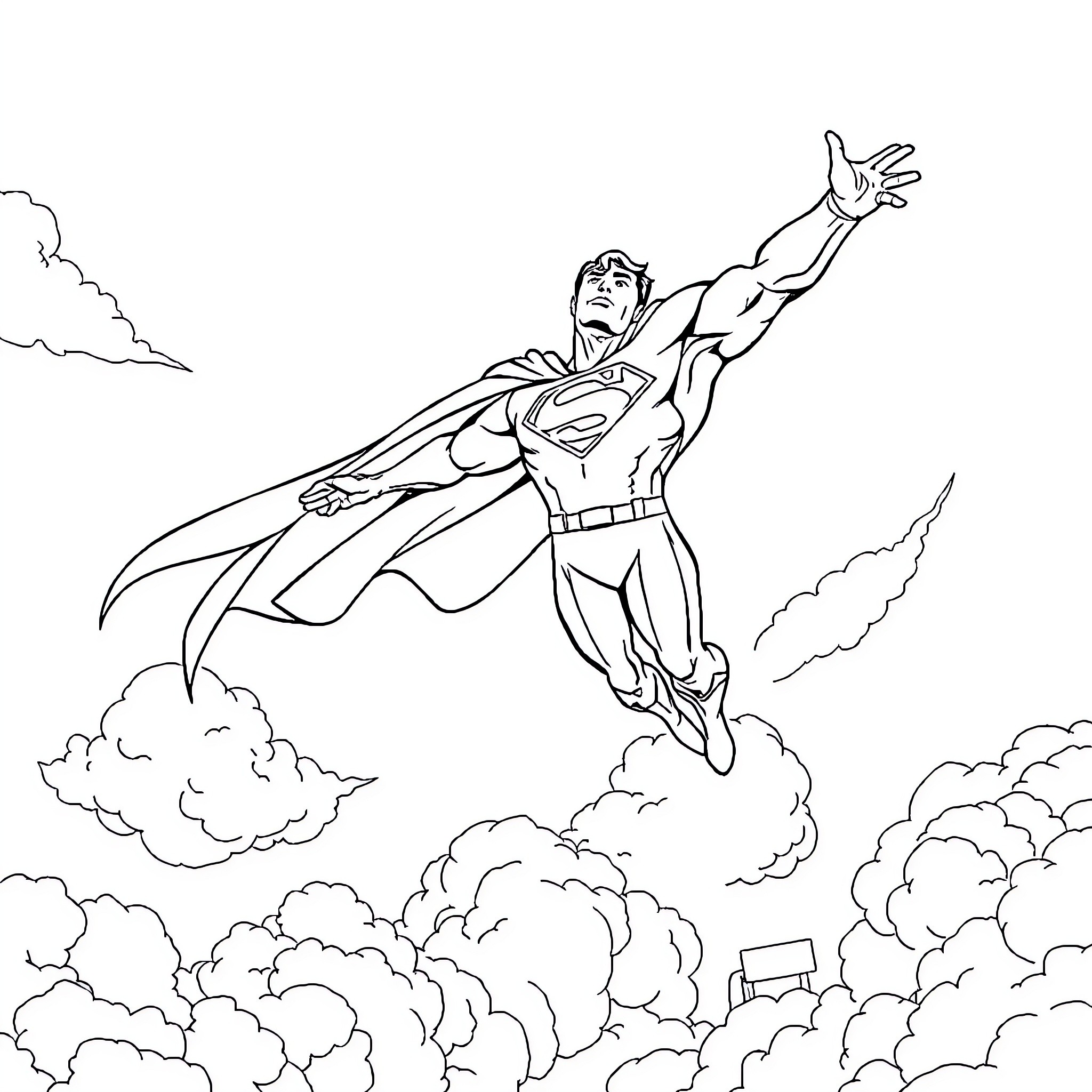 Superman soaring through the clouds with outstretched arms Coloring Page (free black-and-white line drawing printable PDF for all, from beginners to advanced learners, including children, teens, adults, and seniors)