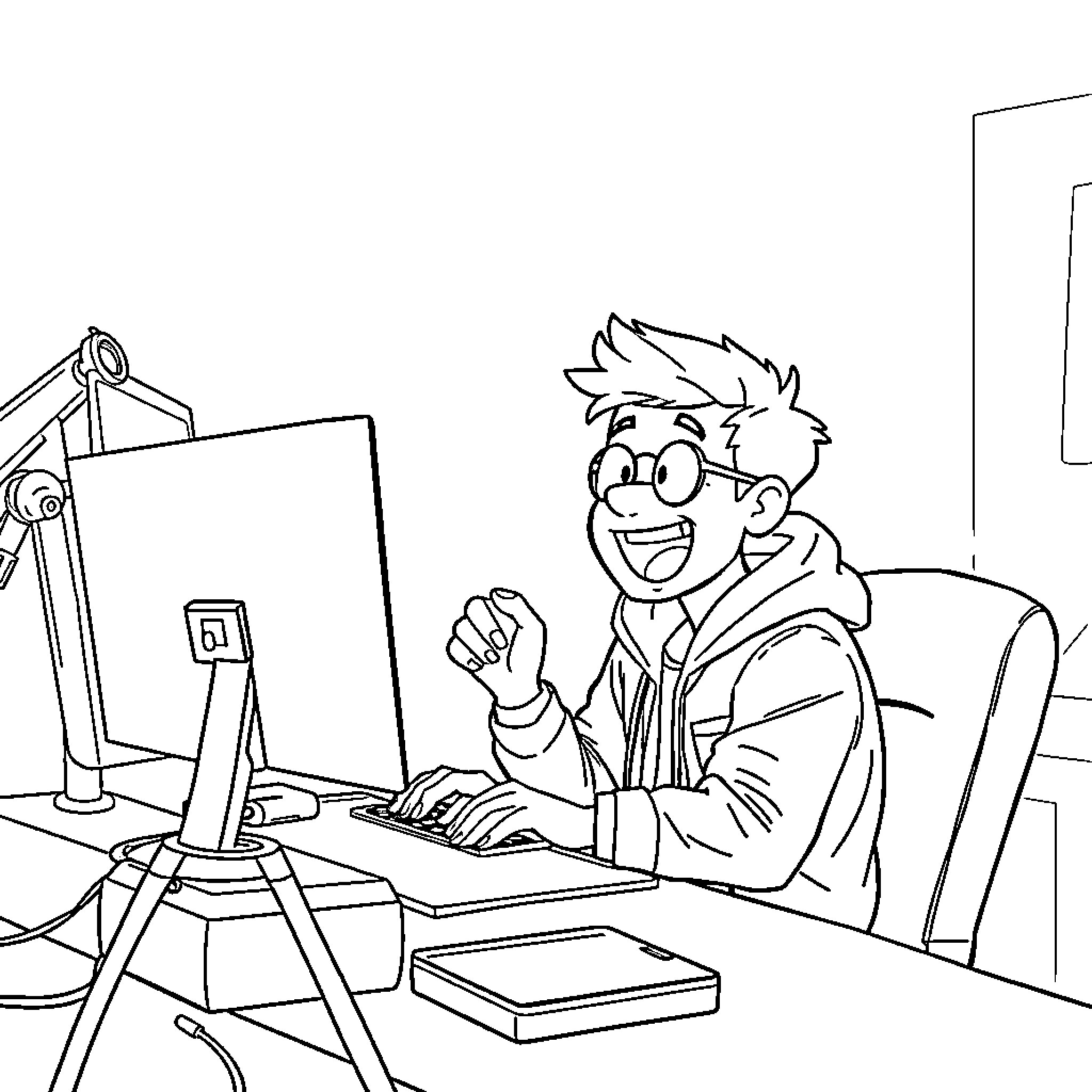 Matty McTech tinkering with computer at his desk Coloring Page (free black-and-white line drawing printable PDF for all, from beginners to advanced learners, including children, teens, adults, and seniors)