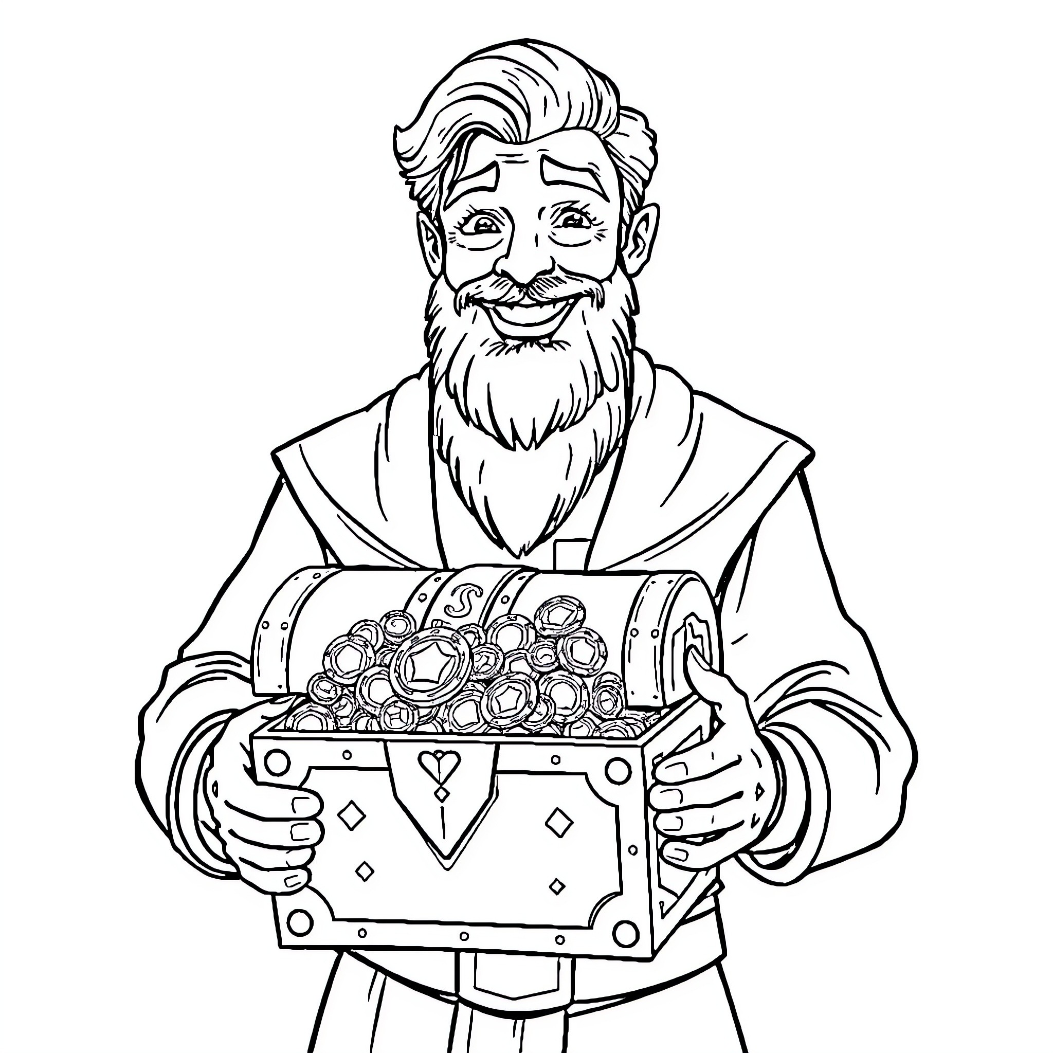 Father holding a treasure chest filled with riches Coloring Page (free black-and-white line drawing printable PDF for all, from beginners to advanced learners, including children, teens, adults, and seniors)