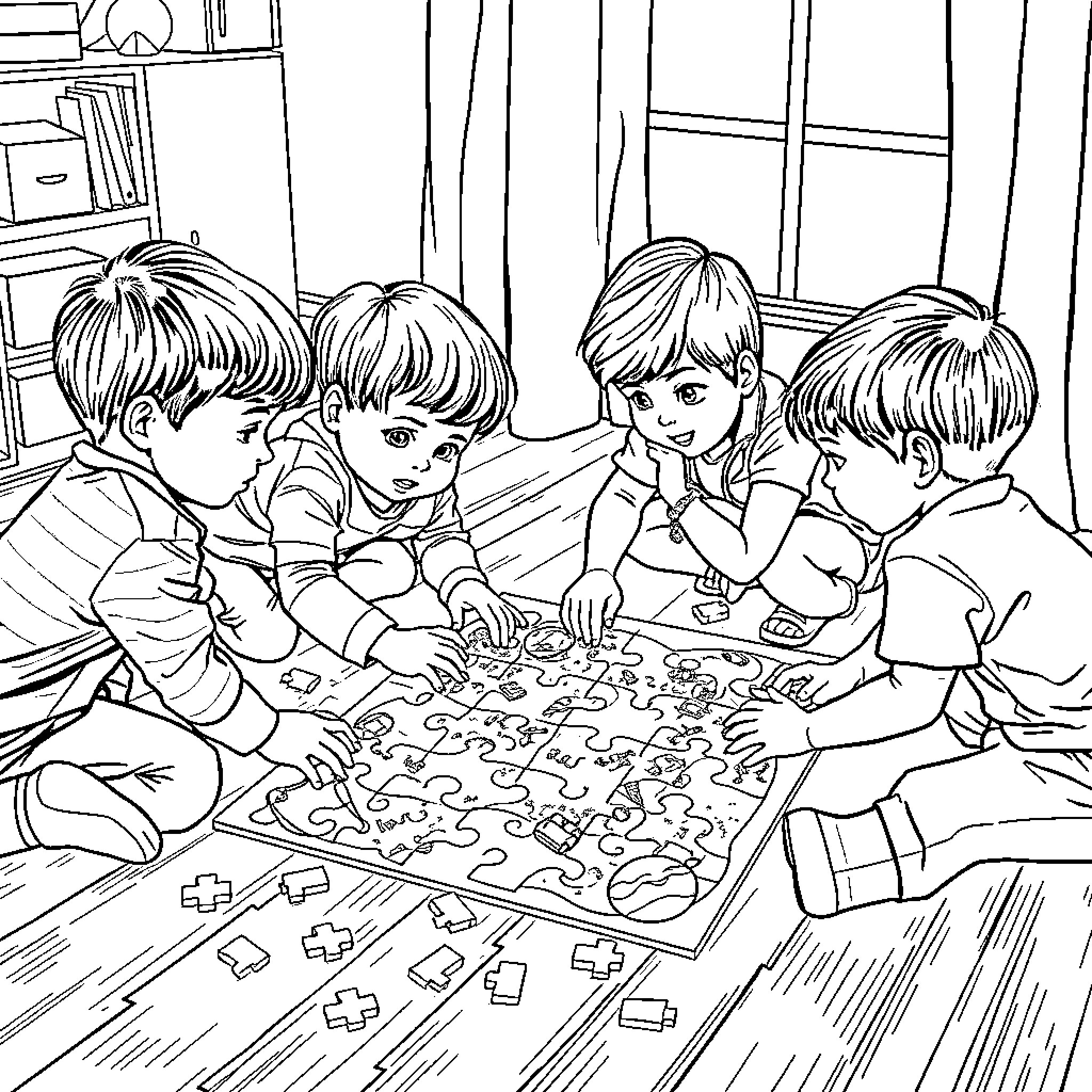Kids playing with puzzles in the living room Coloring Page (free black-and-white line drawing printable PDF for all, from beginners to advanced learners, including children, teens, adults, and seniors)