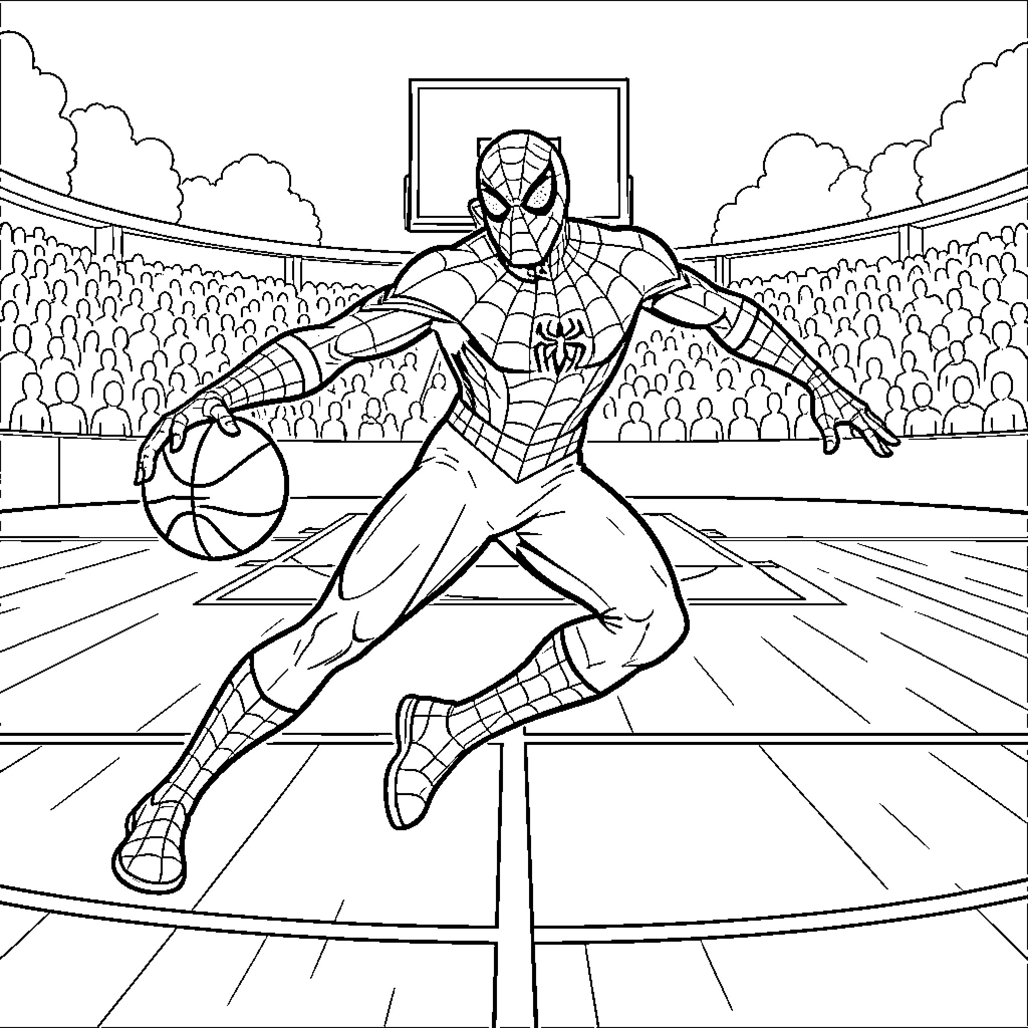 Spiderman dribbling a basketball on a court Coloring Page (free black-and-white line drawing printable PDF for all, from beginners to advanced learners, including children, teens, adults, and seniors)