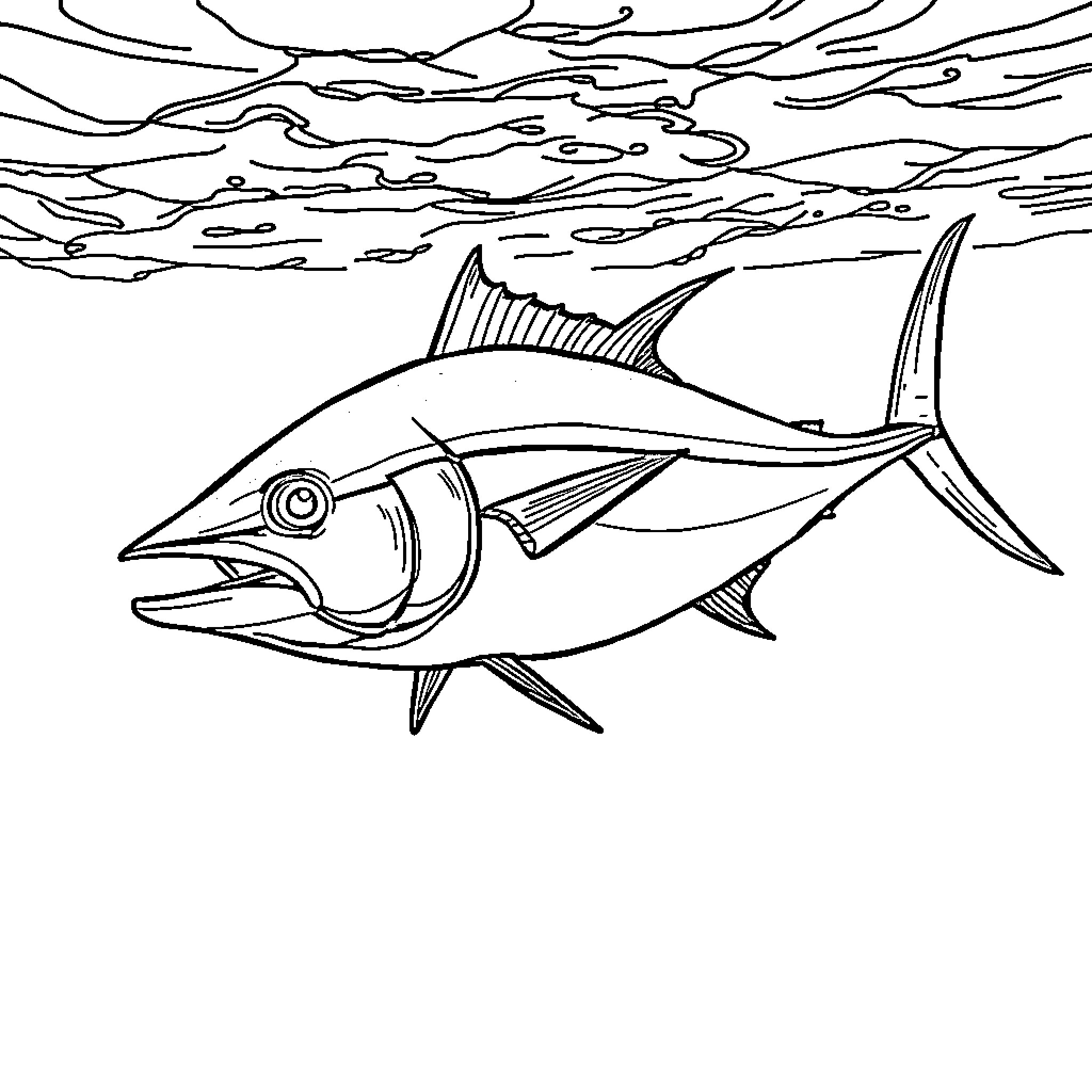 Wahoo swimming through the stormy sea Coloring Page (free black-and-white line drawing printable PDF for all, from beginners to advanced learners, including children, teens, adults, and seniors)