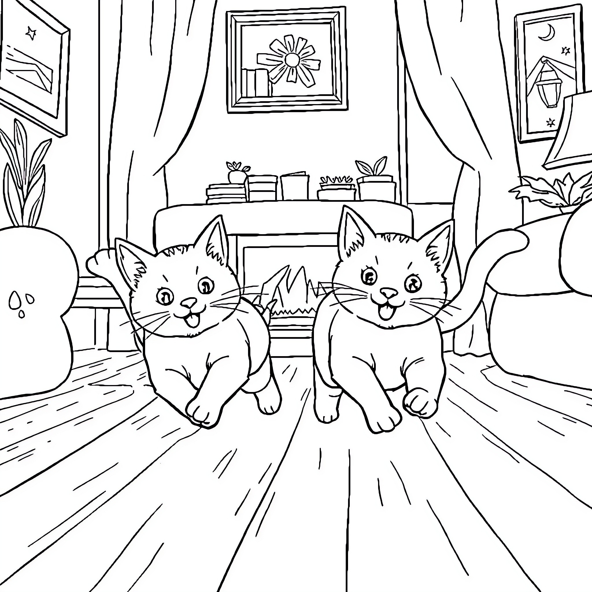 Cats exploring a cozy indoor scene Coloring Page (free black-and-white line drawing printable PDF for all, from beginners to advanced learners, including children, teens, adults, and seniors)