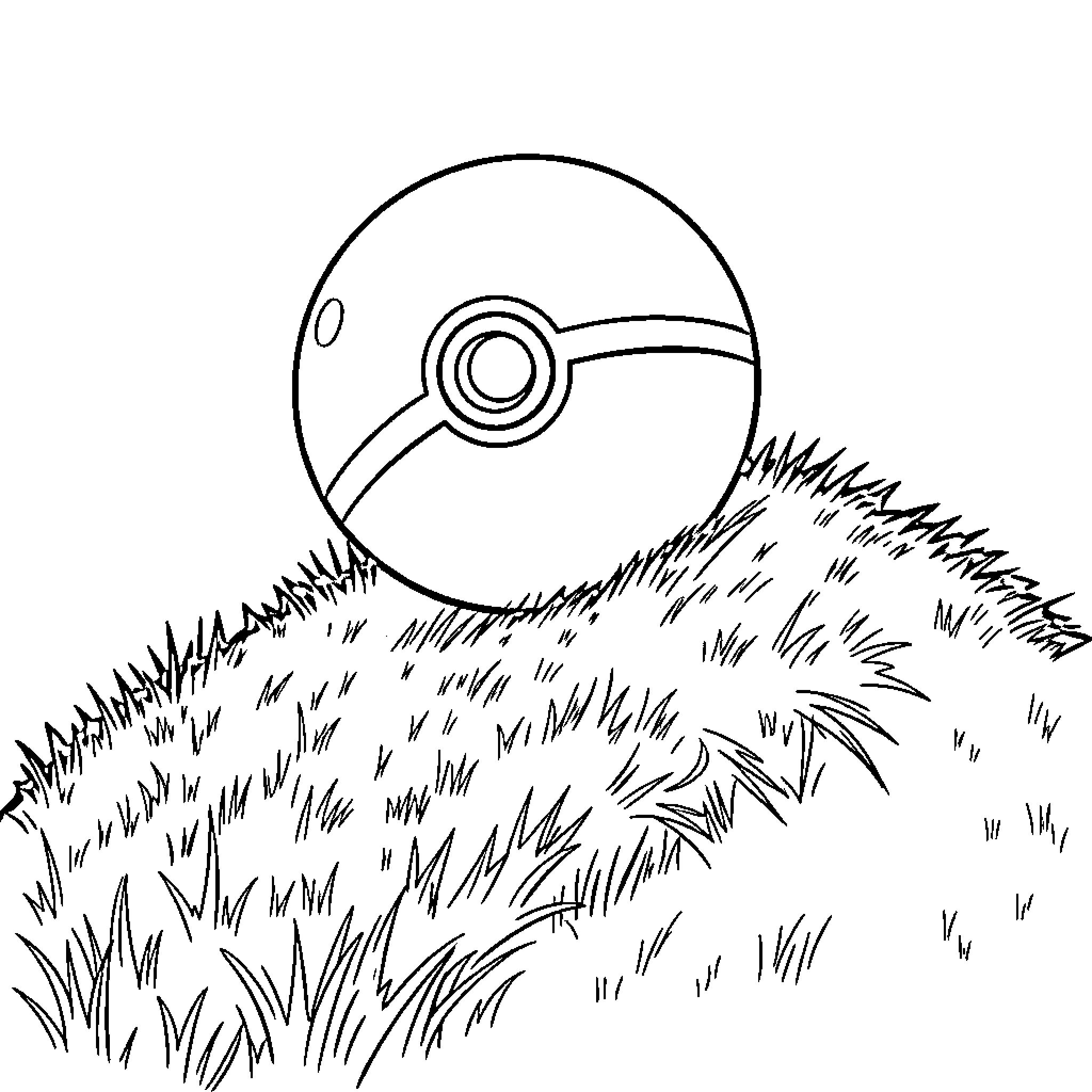 Pokeball resting in tall grass Coloring Page (free black-and-white line drawing printable PDF for all, from beginners to advanced learners, including children, teens, adults, and seniors)