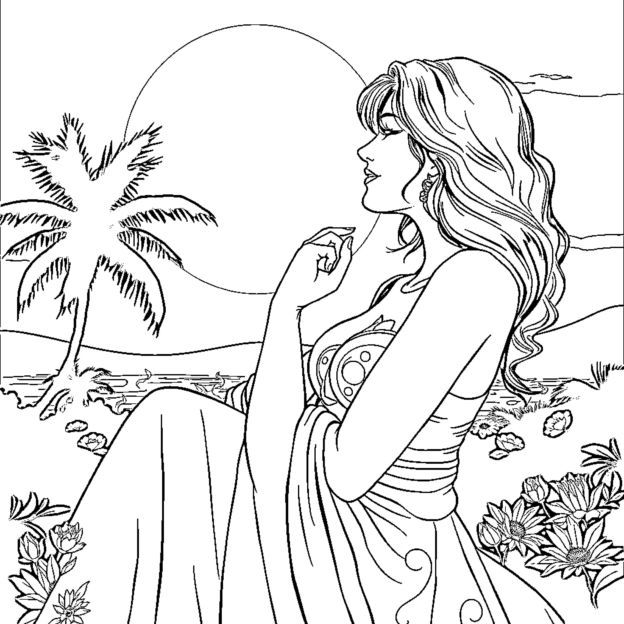 Trans Woman Enjoying Peaceful Tropical Scenery Coloring Page (free black-and-white line drawing printable PDF for all, from beginners to advanced learners, including children, teens, adults, and seniors)