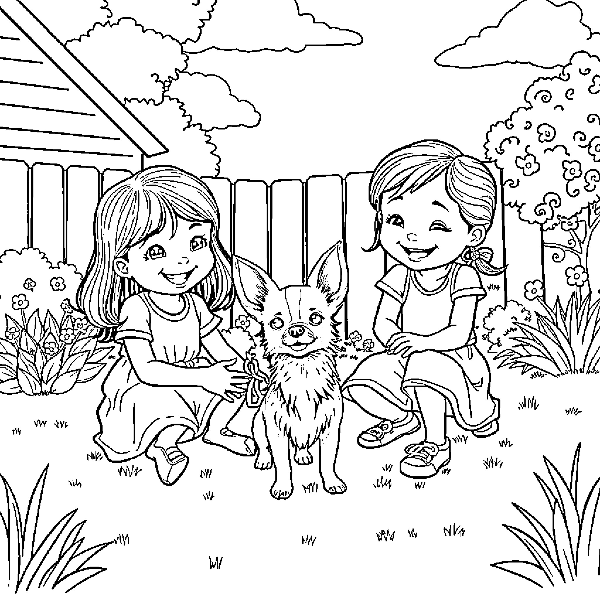 Chihuahua playing happily with children in a garden Coloring Page (free black-and-white line drawing printable PDF for all, from beginners to advanced learners, including children, teens, adults, and seniors)