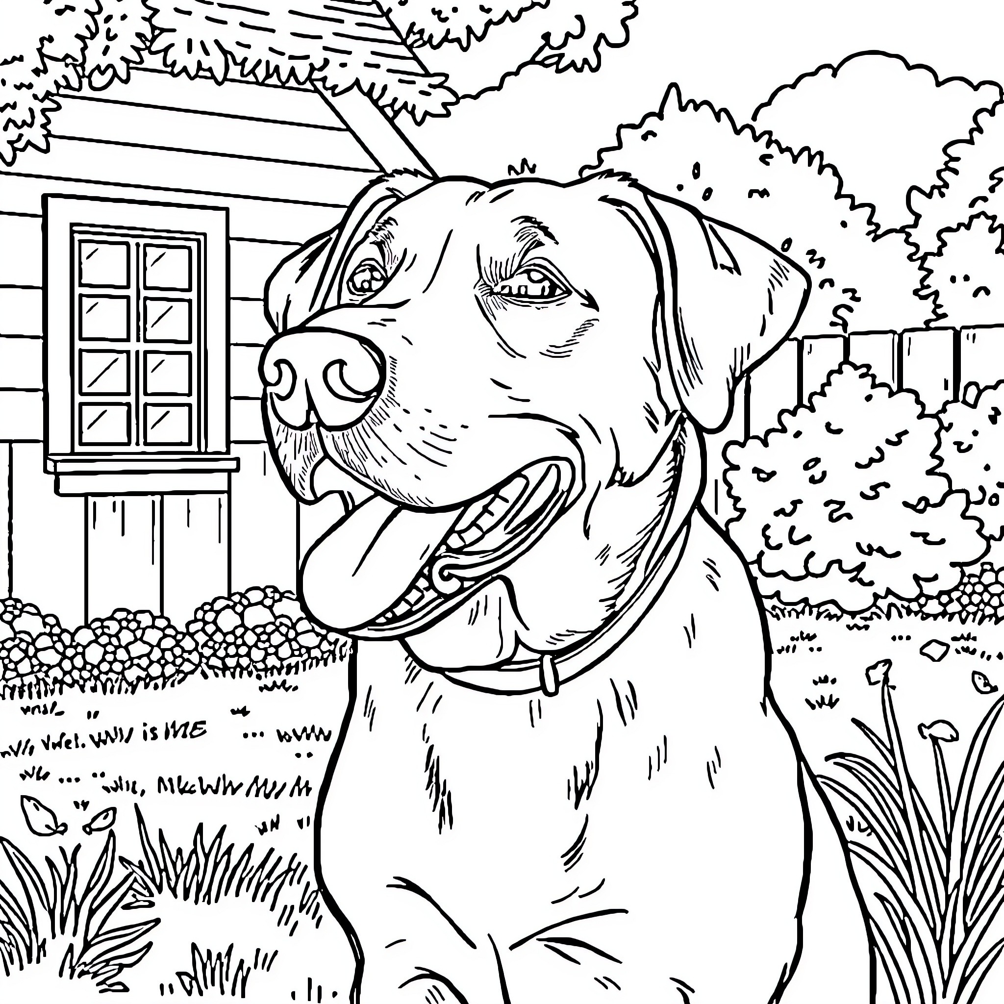 Labrador happily posing in a scenic outdoor setting Coloring Page (free black-and-white line drawing printable PDF for all, from beginners to advanced learners, including children, teens, adults, and seniors)