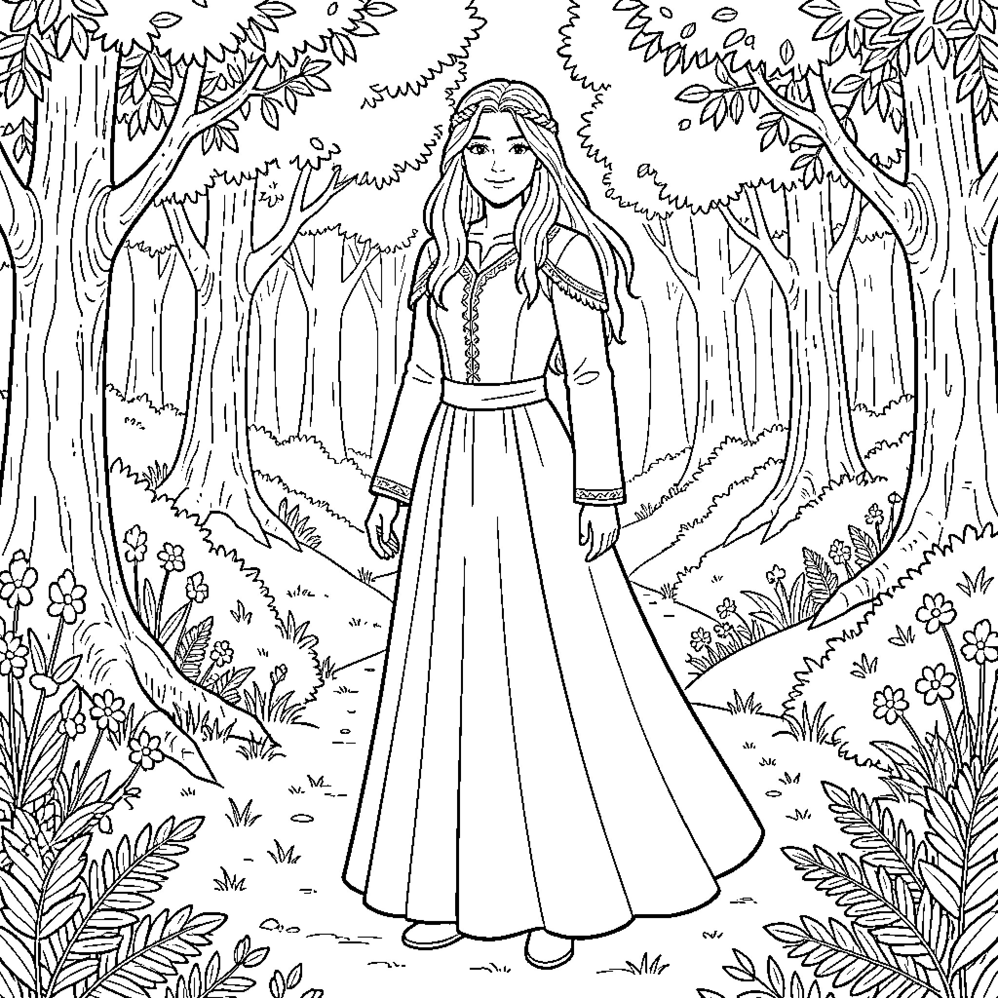 Arwen wandering through the enchanted forest Coloring Page (free black-and-white line drawing printable PDF for all, from beginners to advanced learners, including children, teens, adults, and seniors)