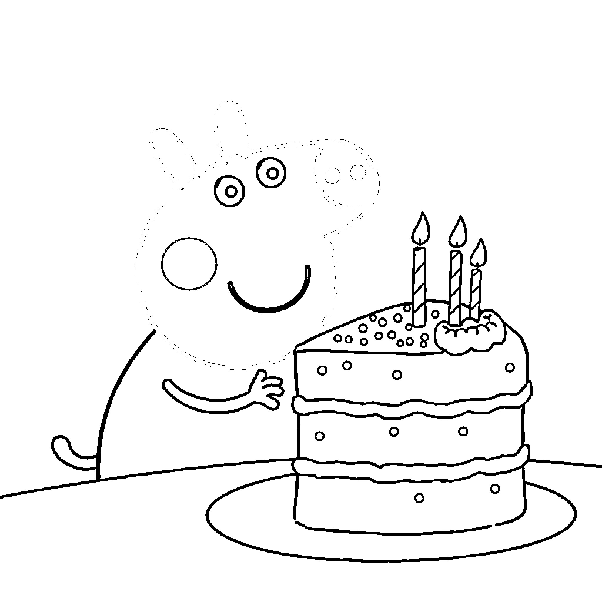 Peppa Pig celebrating birthday with cake and candles Coloring Page (free black-and-white line drawing printable PDF for all, from beginners to advanced learners, including children, teens, adults, and seniors)