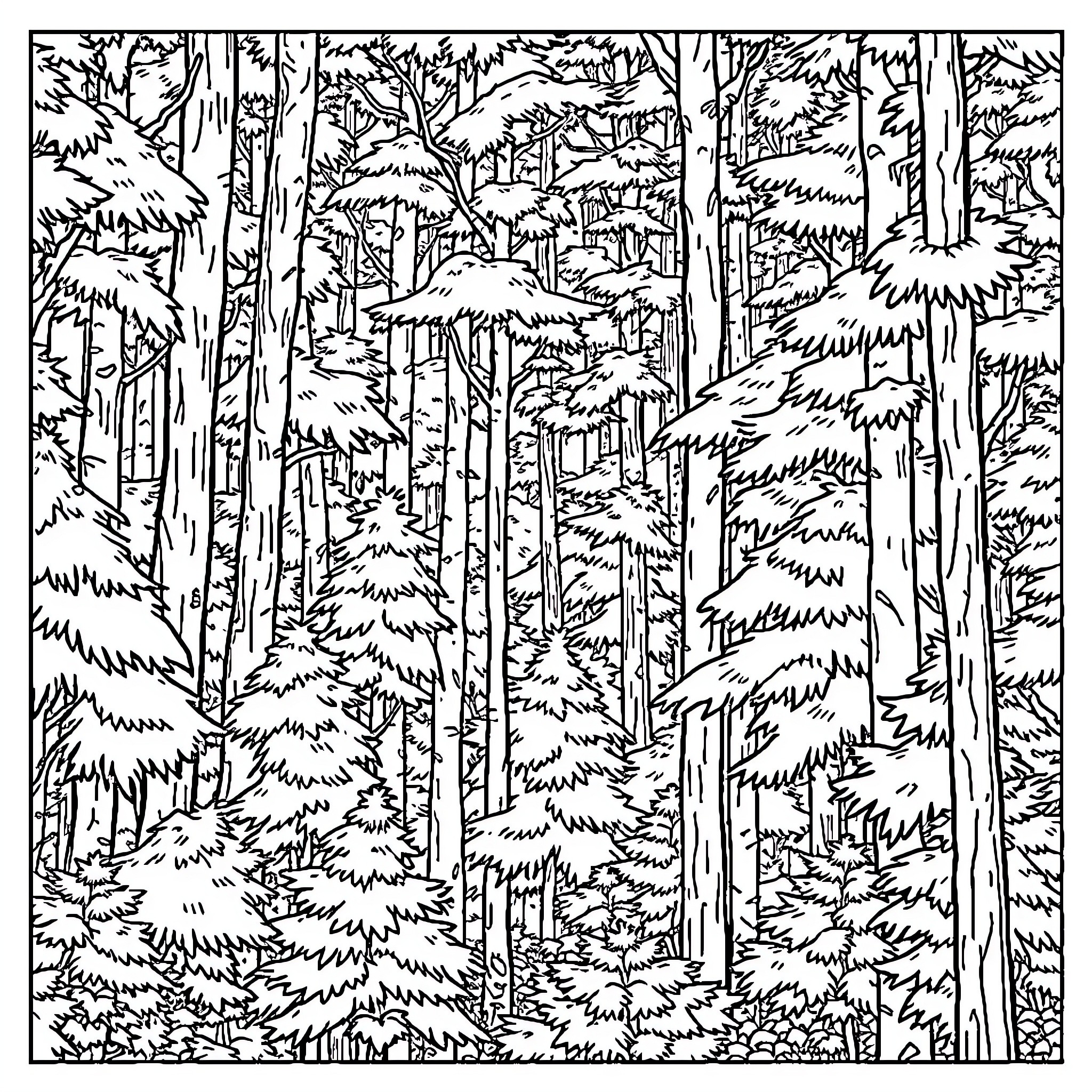 Forest of tall trees and dense foliage Coloring Page (free black-and-white line drawing printable PDF for all, from beginners to advanced learners, including children, teens, adults, and seniors)