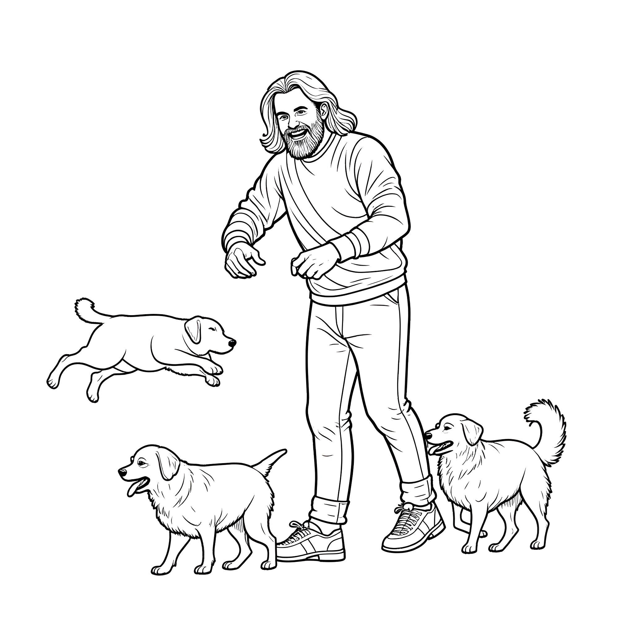 Man walking dogs in the park Coloring Page (free black-and-white line drawing printable PDF for all, from beginners to advanced learners, including children, teens, adults, and seniors)
