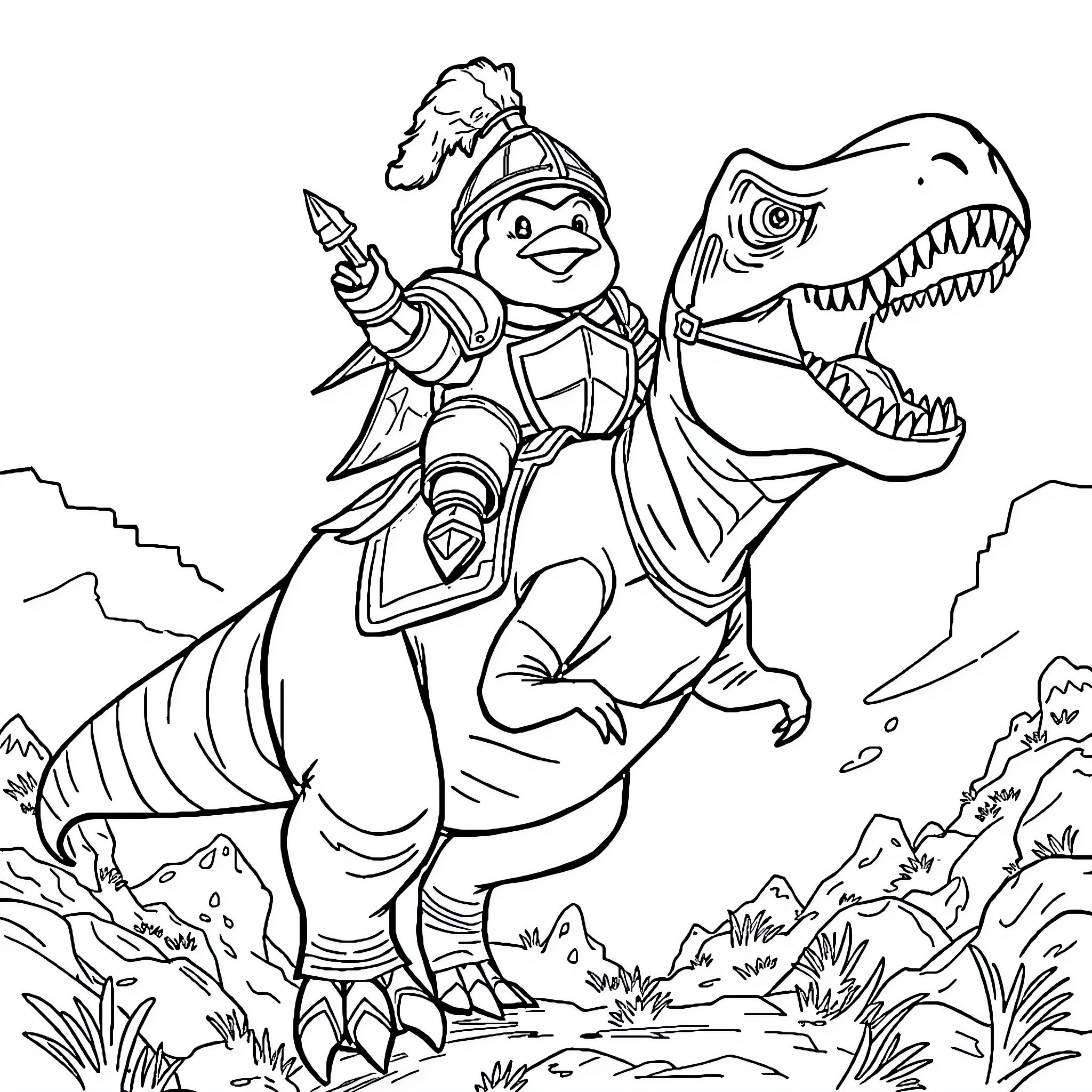 Penguin riding a fierce dinosaur in a wild landscape Coloring Page (free black-and-white line drawing printable PDF for all, from beginners to advanced learners, including children, teens, adults, and seniors)