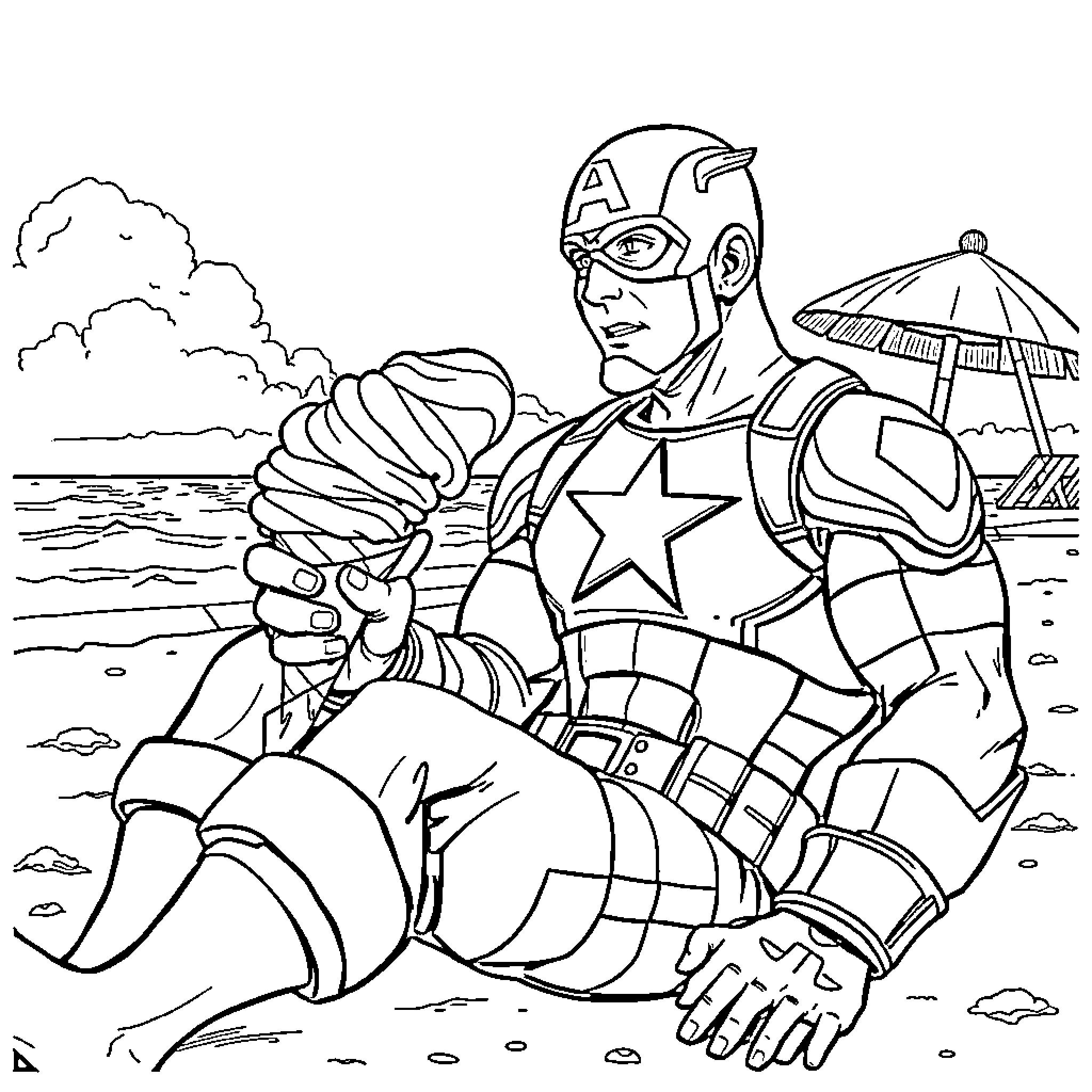 Captain America relaxing on the beach Coloring Page (free black-and-white line drawing printable PDF for all, from beginners to advanced learners, including children, teens, adults, and seniors)