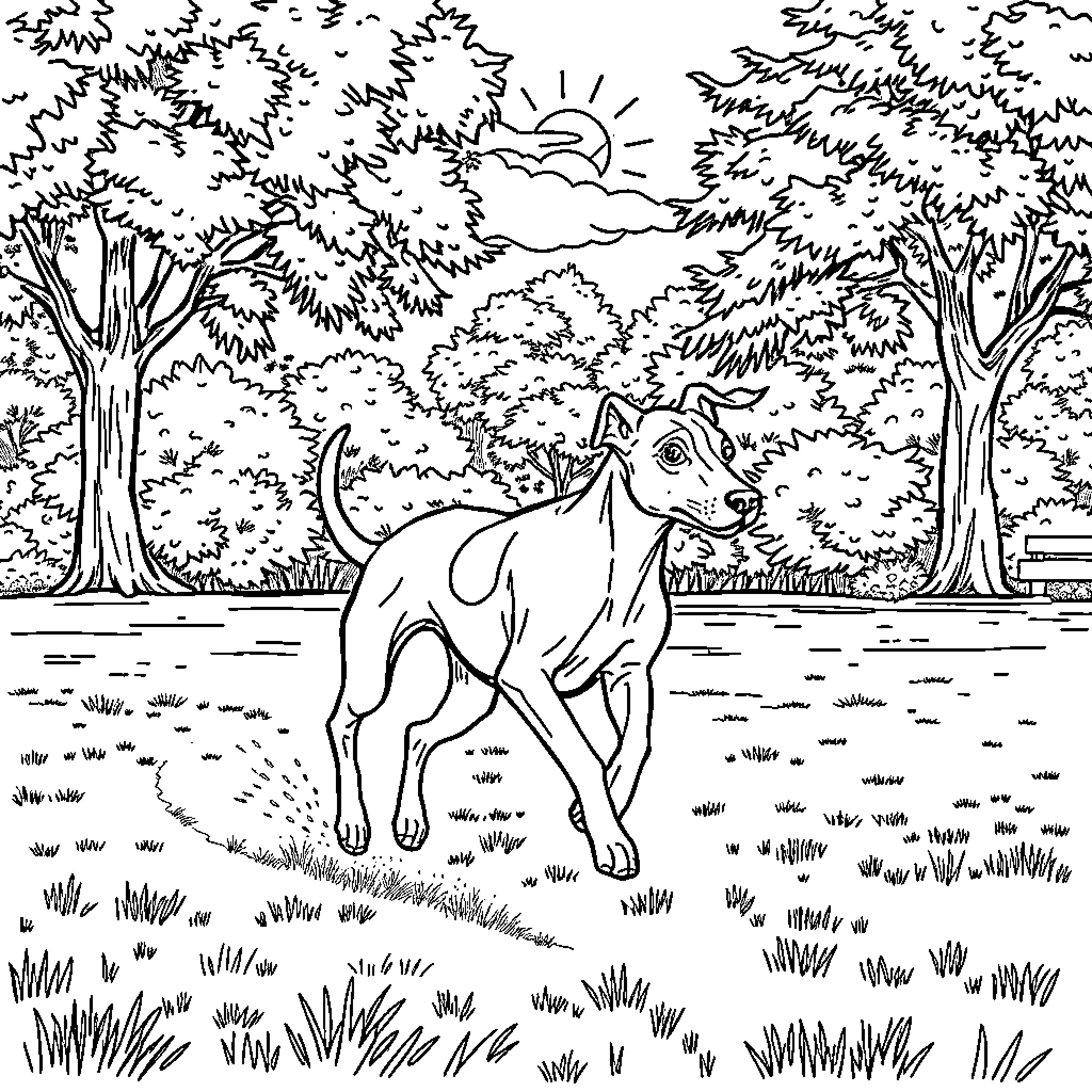 Whippet exploring a serene woodland landscape Coloring Page (free black-and-white line drawing printable PDF for all, from beginners to advanced learners, including children, teens, adults, and seniors)