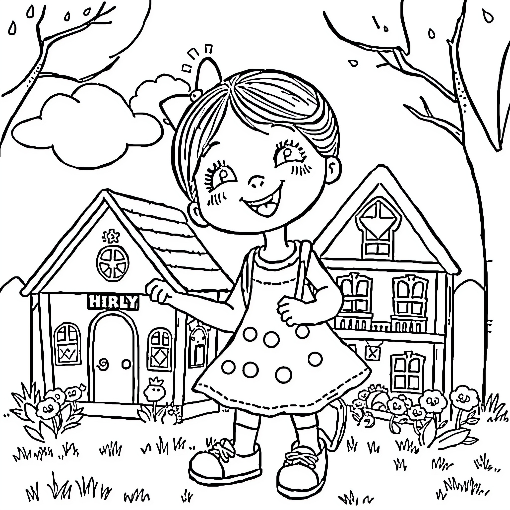 Dollhouse - Girl Exploring a Quaint Neighborhood Coloring Page (free black-and-white line drawing printable PDF for all, from beginners to advanced learners, including children, teens, adults, and seniors)
