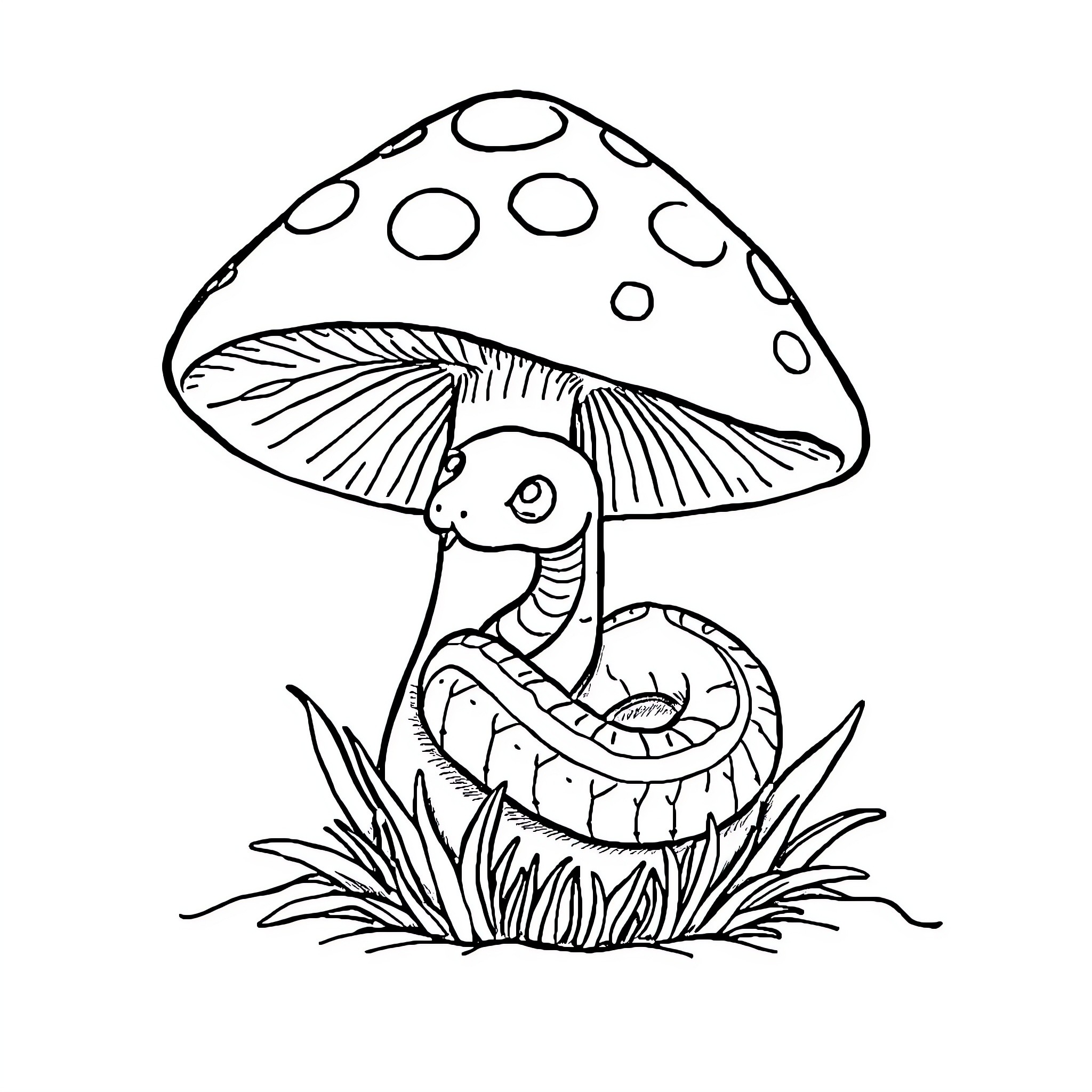 Snake resting under mushroom in nature Coloring Page (free black-and-white line drawing printable PDF for all, from beginners to advanced learners, including children, teens, adults, and seniors)