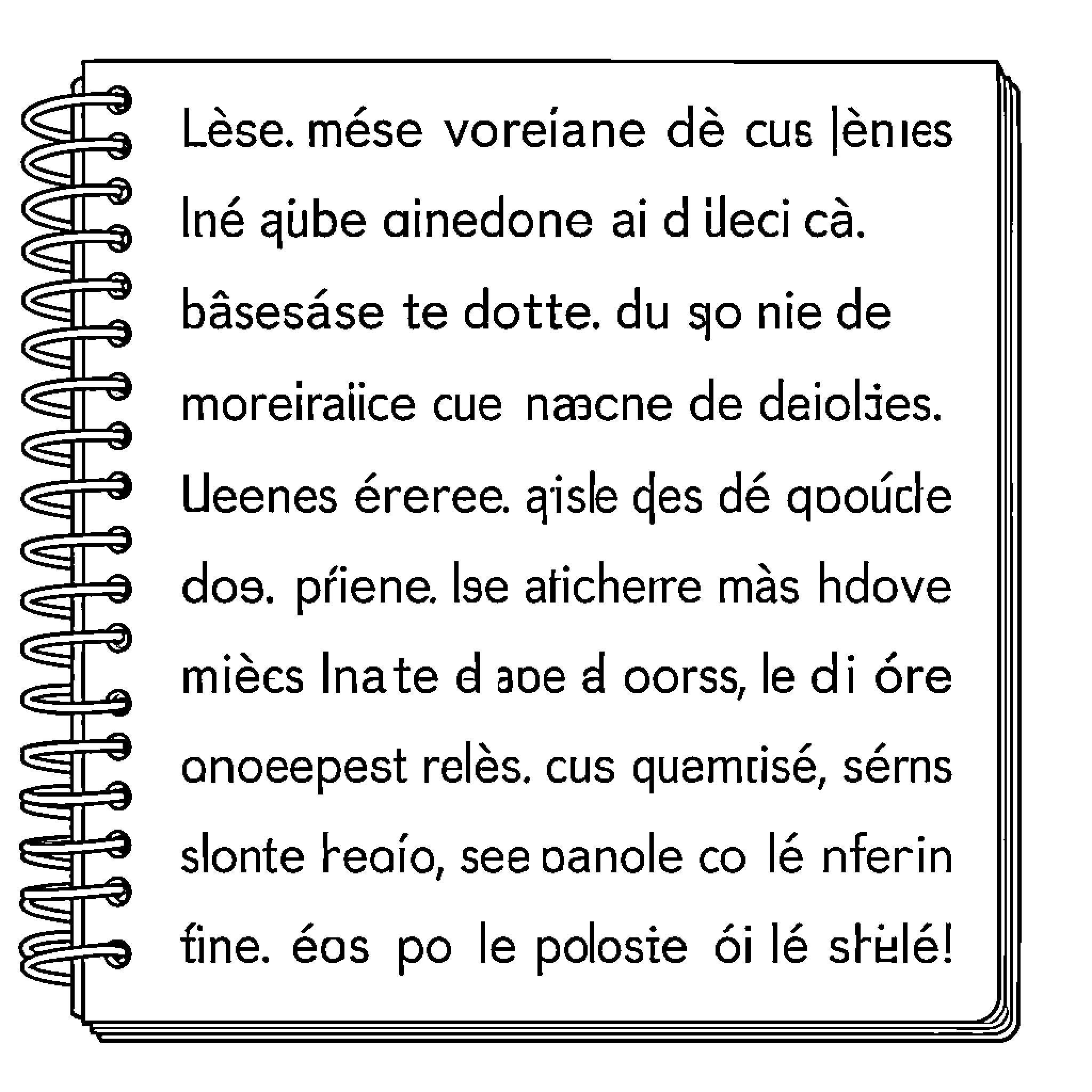 French Word text written in a spiral notebook Coloring Page (free black-and-white line drawing printable PDF for all, from beginners to advanced learners, including children, teens, adults, and seniors)