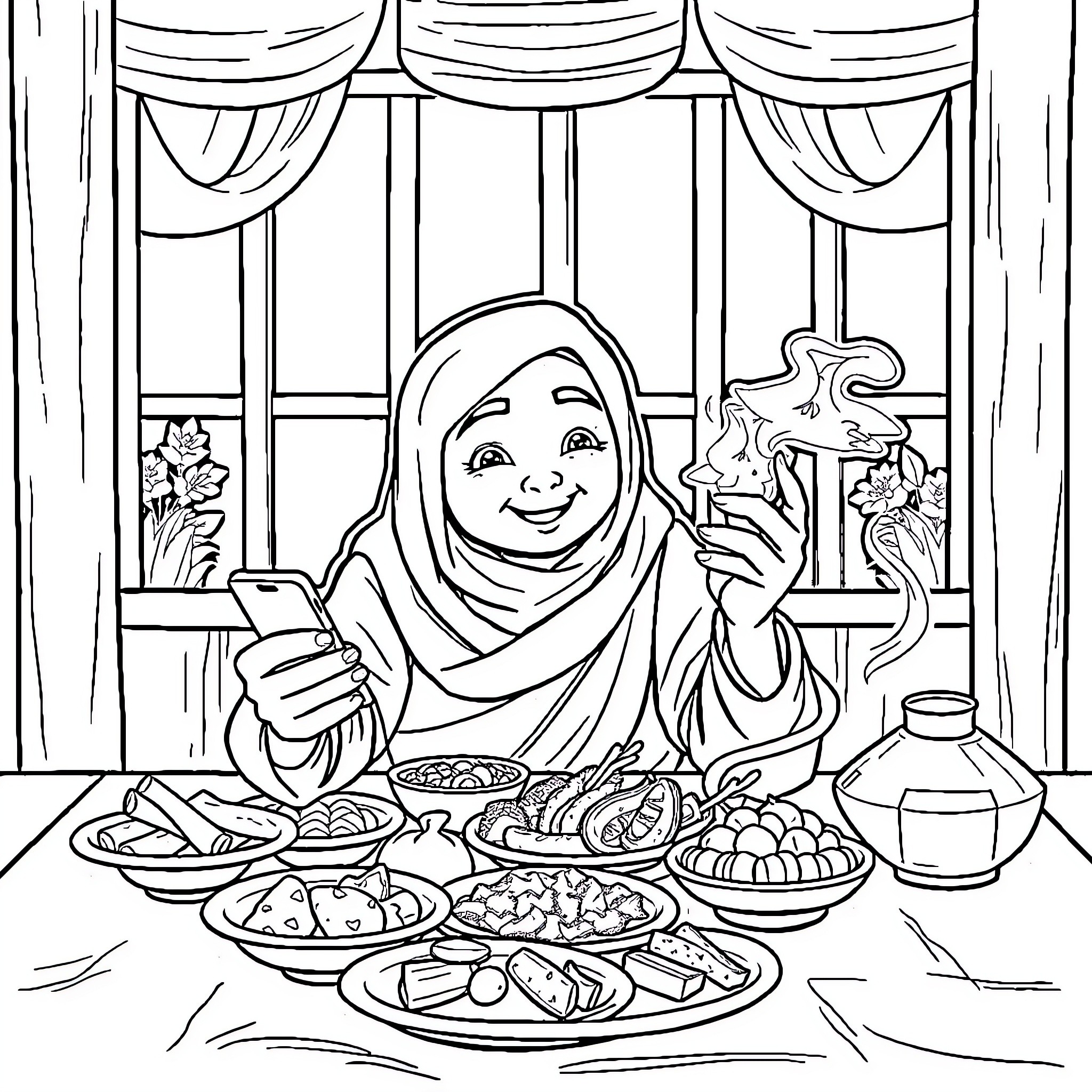 Phone call during traditional meal Coloring Page (free black-and-white line drawing printable PDF for all, from beginners to advanced learners, including children, teens, adults, and seniors)