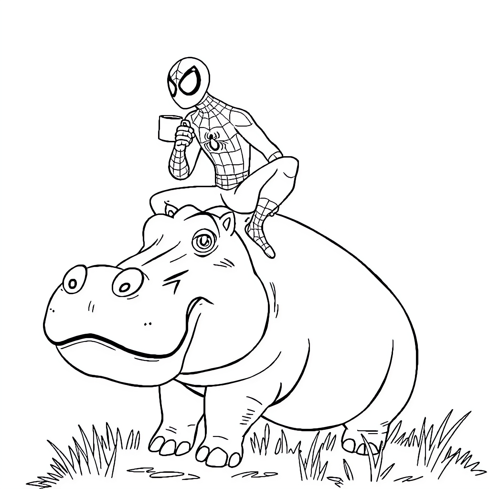 Spider-Man exploring with a friendly hippo Coloring Page (free black-and-white line drawing printable PDF for all, from beginners to advanced learners, including children, teens, adults, and seniors)