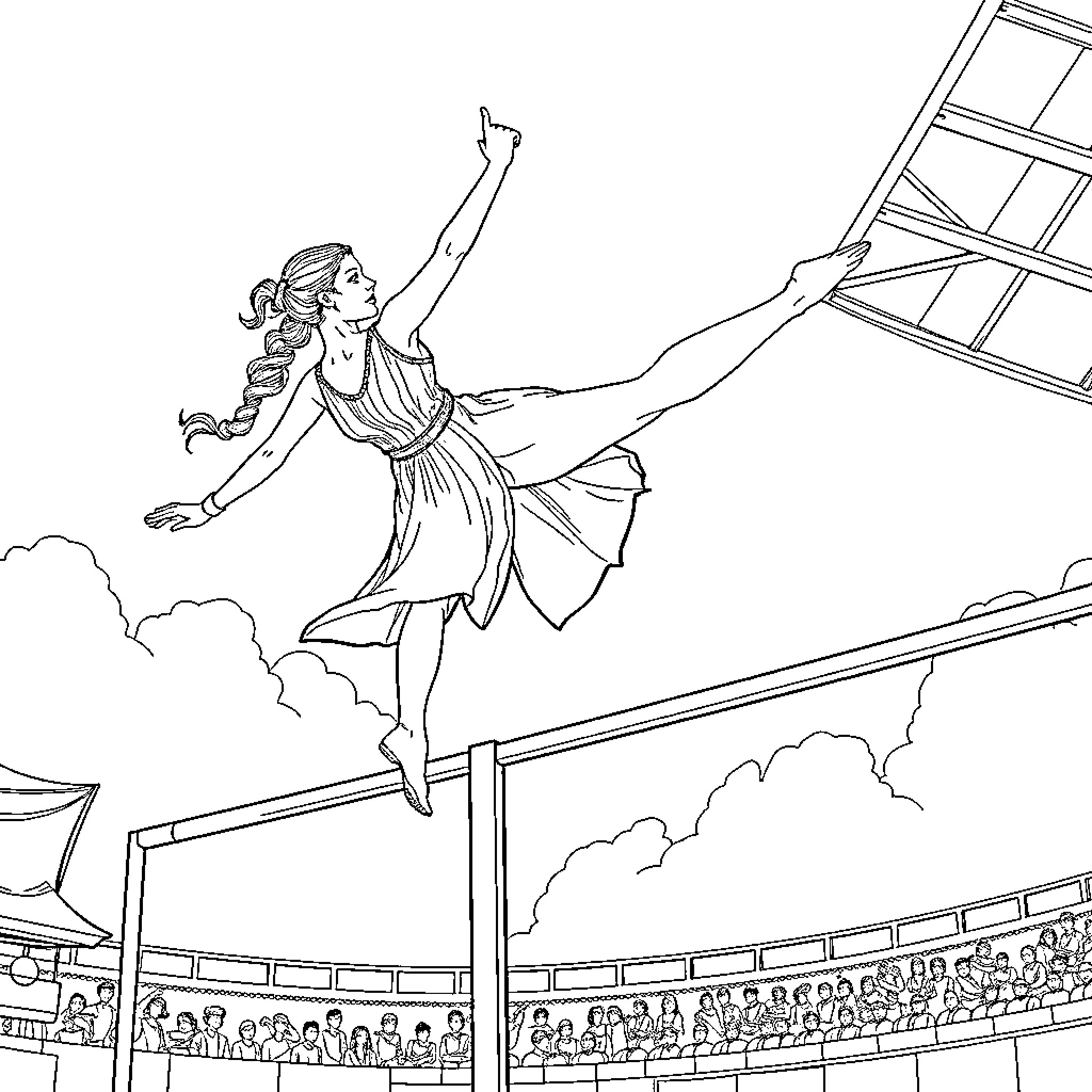 Padmé Amidala leaping gracefully on stage Coloring Page (free black-and-white line drawing printable PDF for all, from beginners to advanced learners, including children, teens, adults, and seniors)