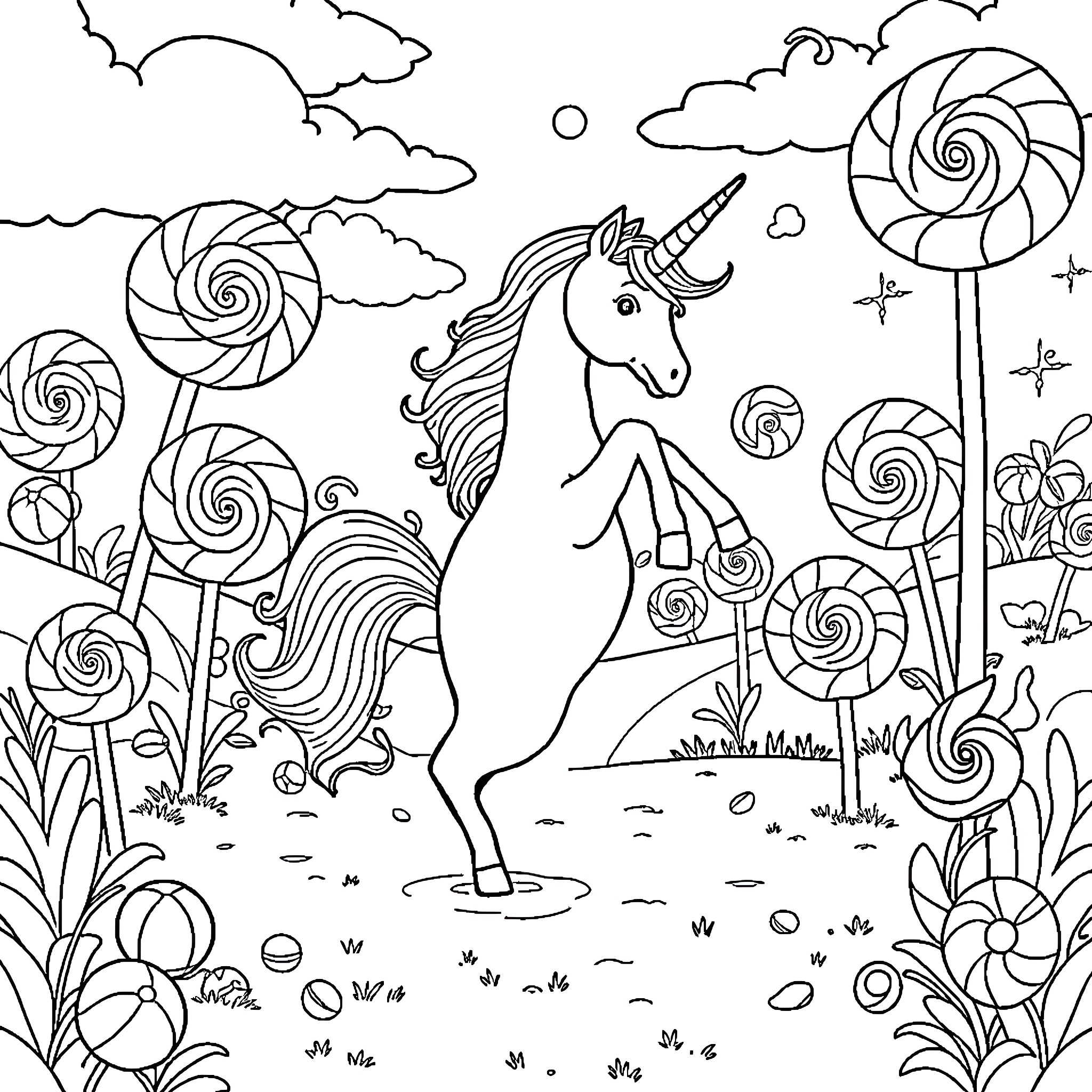 Unicorn in a Whimsical Landscape Coloring Page (free black-and-white line drawing printable PDF for all, from beginners to advanced learners, including children, teens, adults, and seniors)