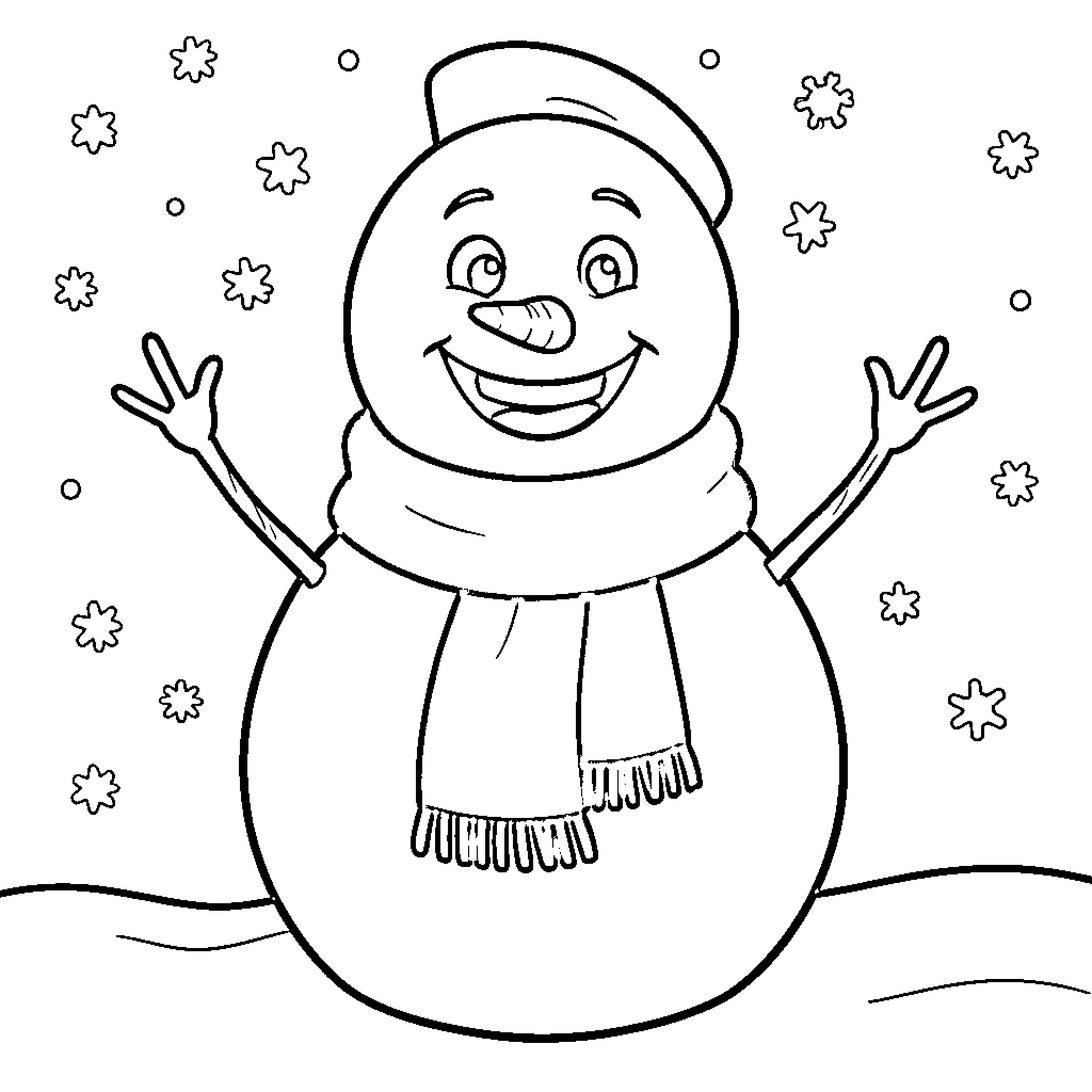 Snowman joyfully playing in the snow Coloring Page (free black-and-white line drawing printable PDF for all, from beginners to advanced learners, including children, teens, adults, and seniors)