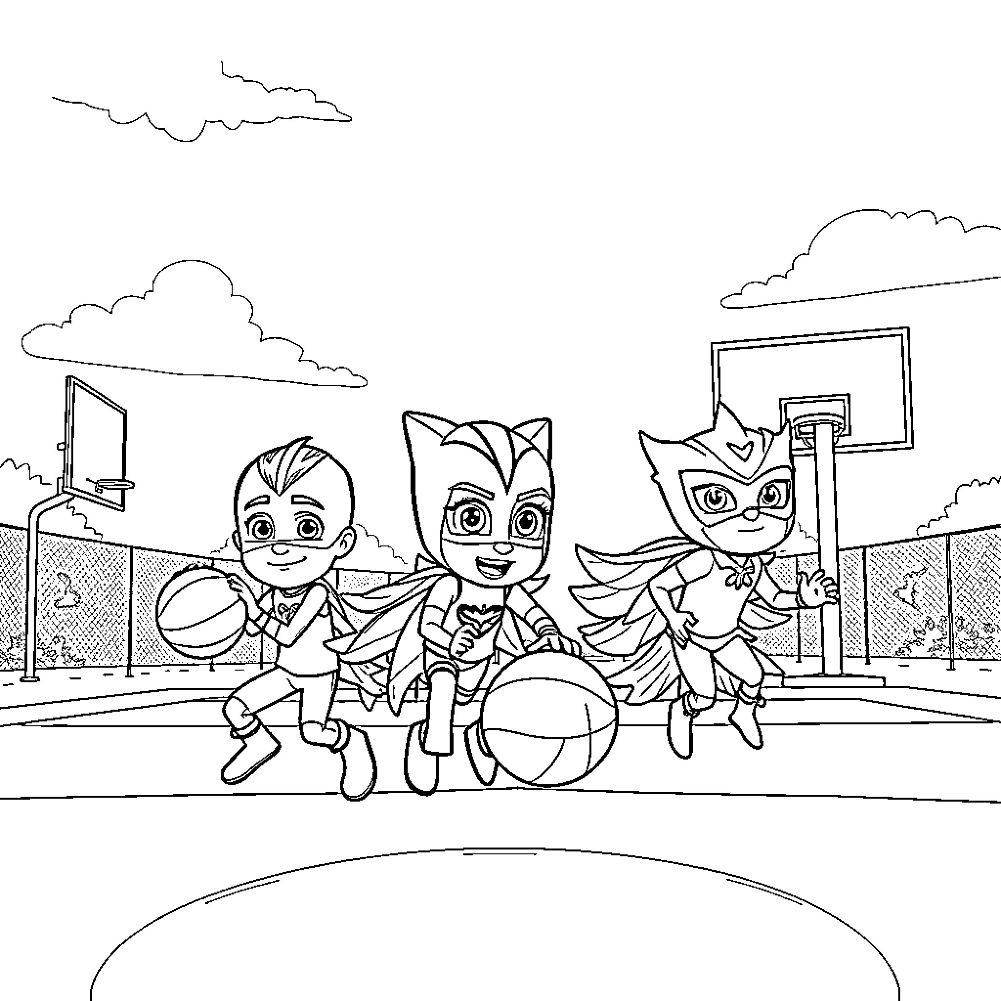 Pj Masks characters playing together on the court Coloring Page (free black-and-white line drawing printable PDF for all, from beginners to advanced learners, including children, teens, adults, and seniors)