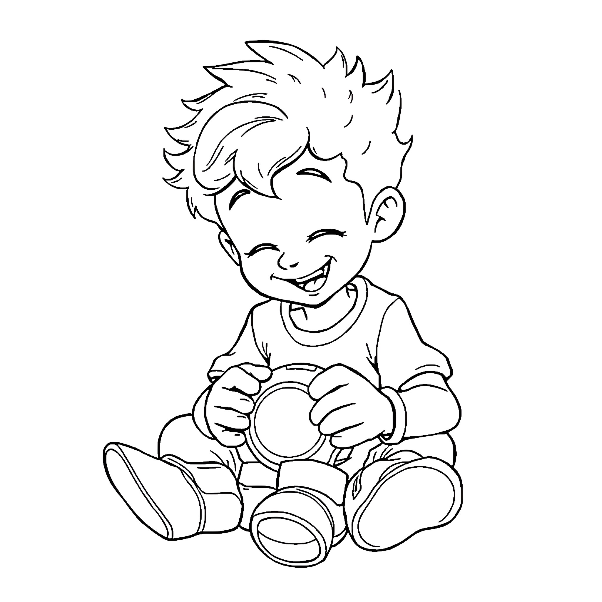 Boy Playing Happily with Toy Coloring Page (free black-and-white line drawing printable PDF for all, from beginners to advanced learners, including children, teens, adults, and seniors)