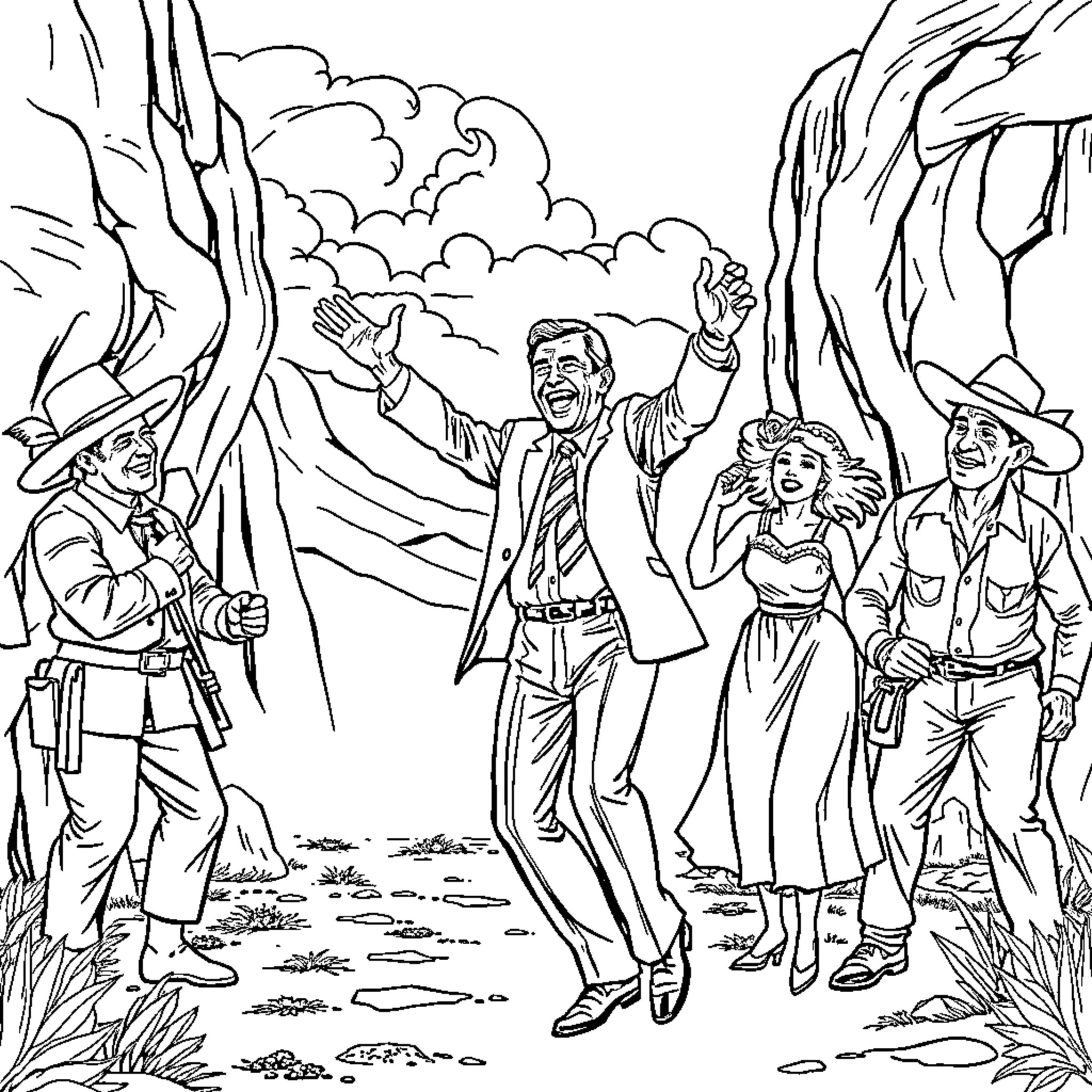 President Celebrates with Companions in Outdoor Setting Coloring Page (free black-and-white line drawing printable PDF for all, from beginners to advanced learners, including children, teens, adults, and seniors)