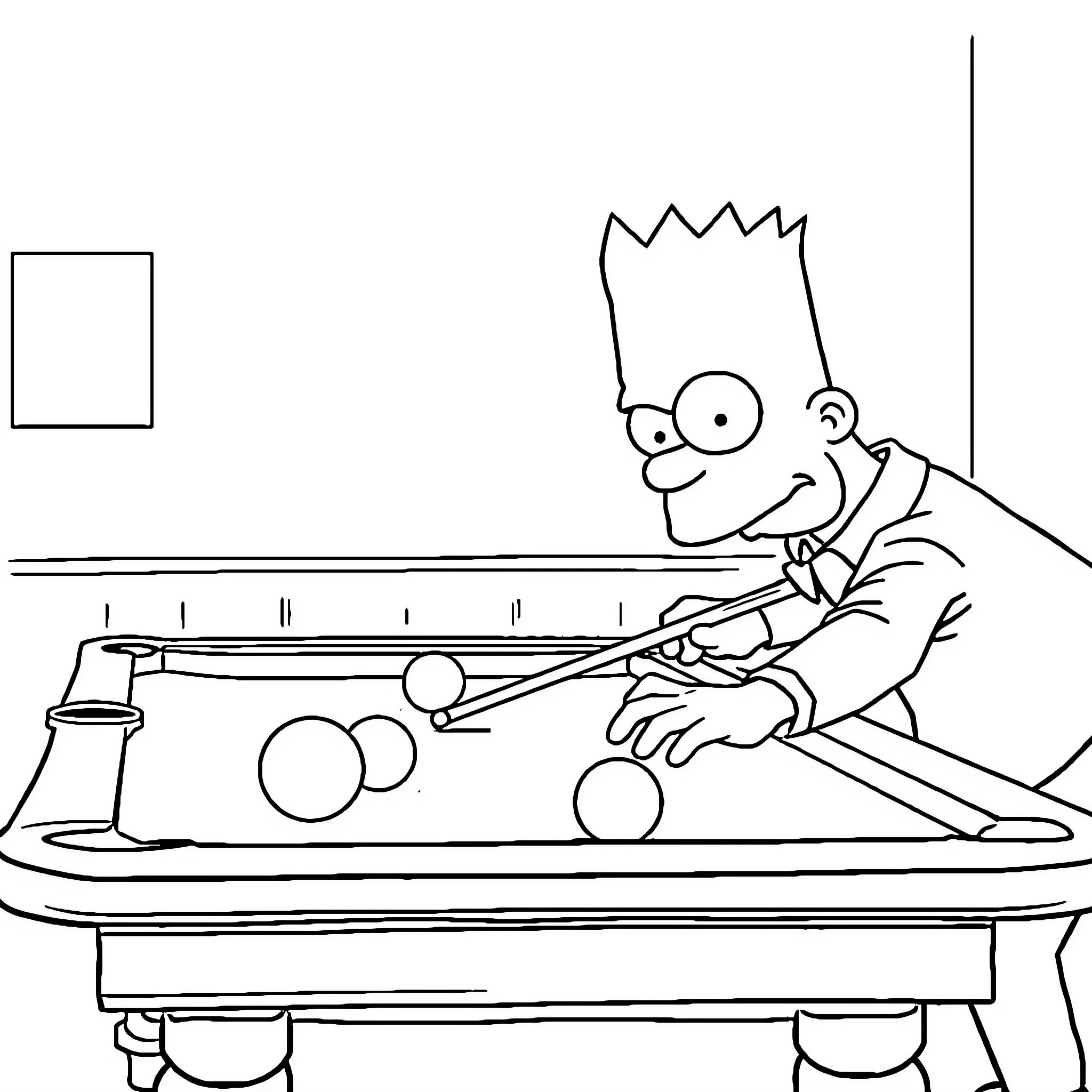 Simpson playing pool game with determination Coloring Page (free black-and-white line drawing printable PDF for all, from beginners to advanced learners, including children, teens, adults, and seniors)