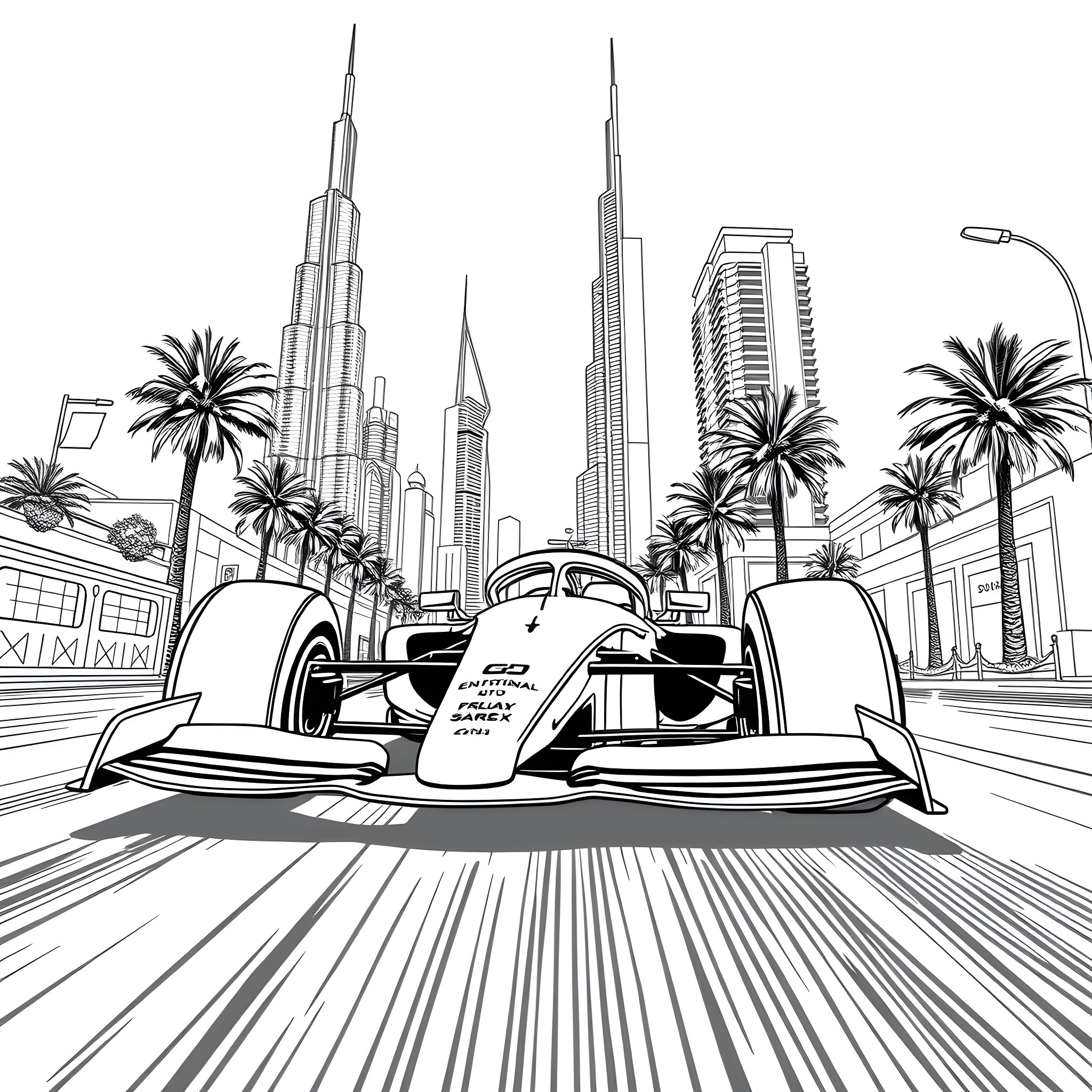 Formula 1 Car Racing Through City Landscape Coloring Page (free black-and-white line drawing printable PDF for all, from beginners to advanced learners, including children, teens, adults, and seniors)