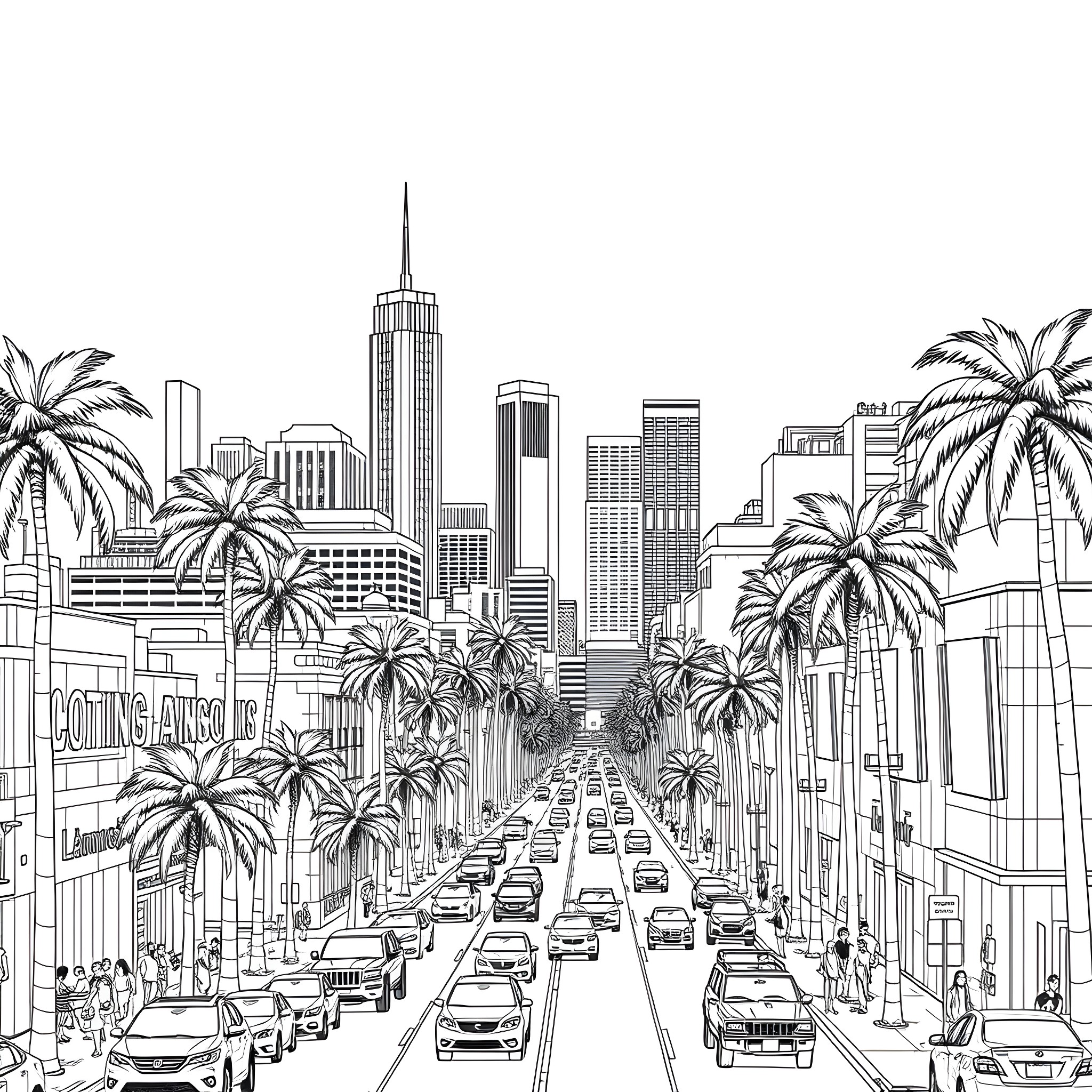 Los Angeles bustling city life with skyscrapers and palm trees Coloring Page (free black-and-white line drawing printable PDF for all, from beginners to advanced learners, including children, teens, adults, and seniors)