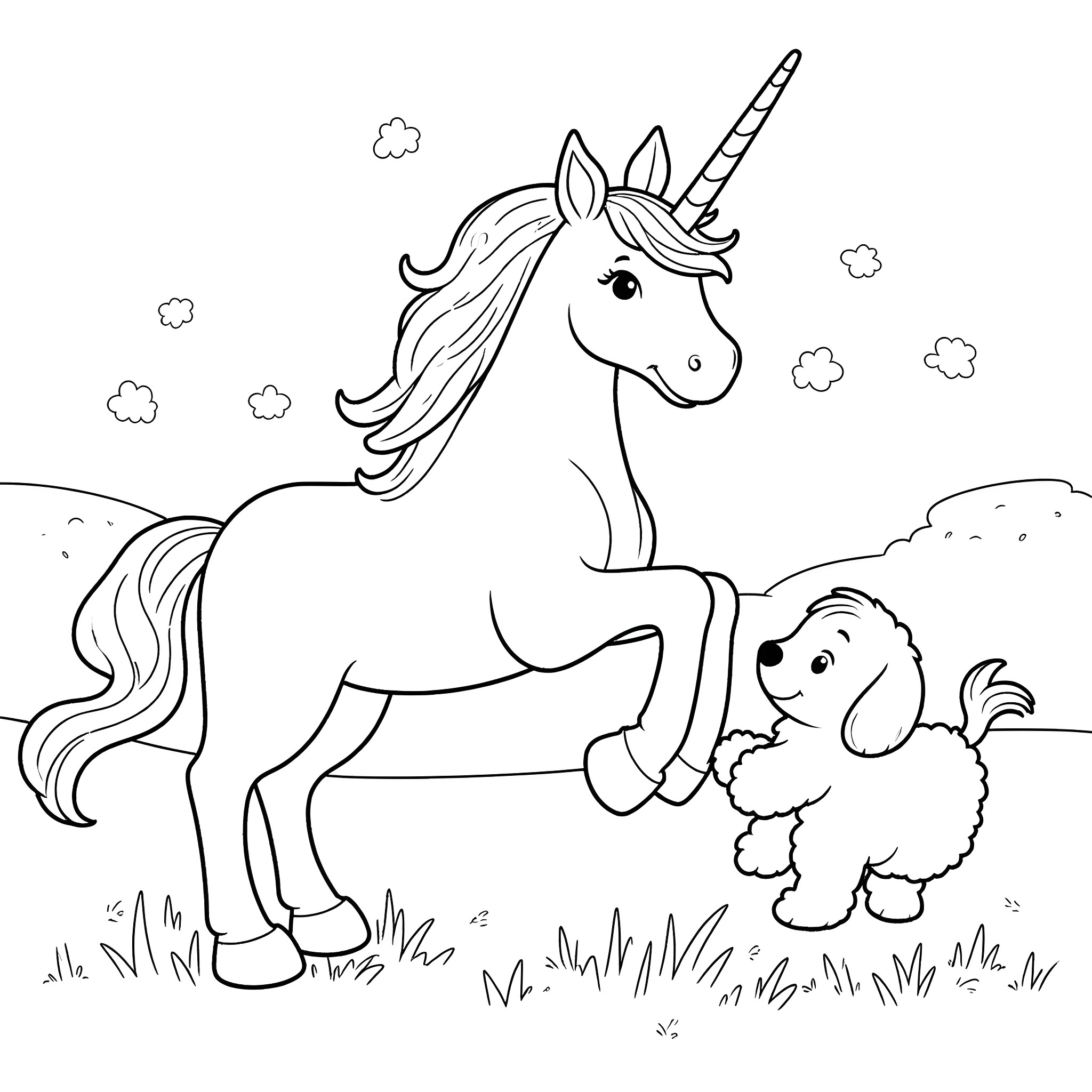 Unicorn and puppy playing in a grassy field Coloring Page (free black-and-white line drawing printable PDF for all, from beginners to advanced learners, including children, teens, adults, and seniors)