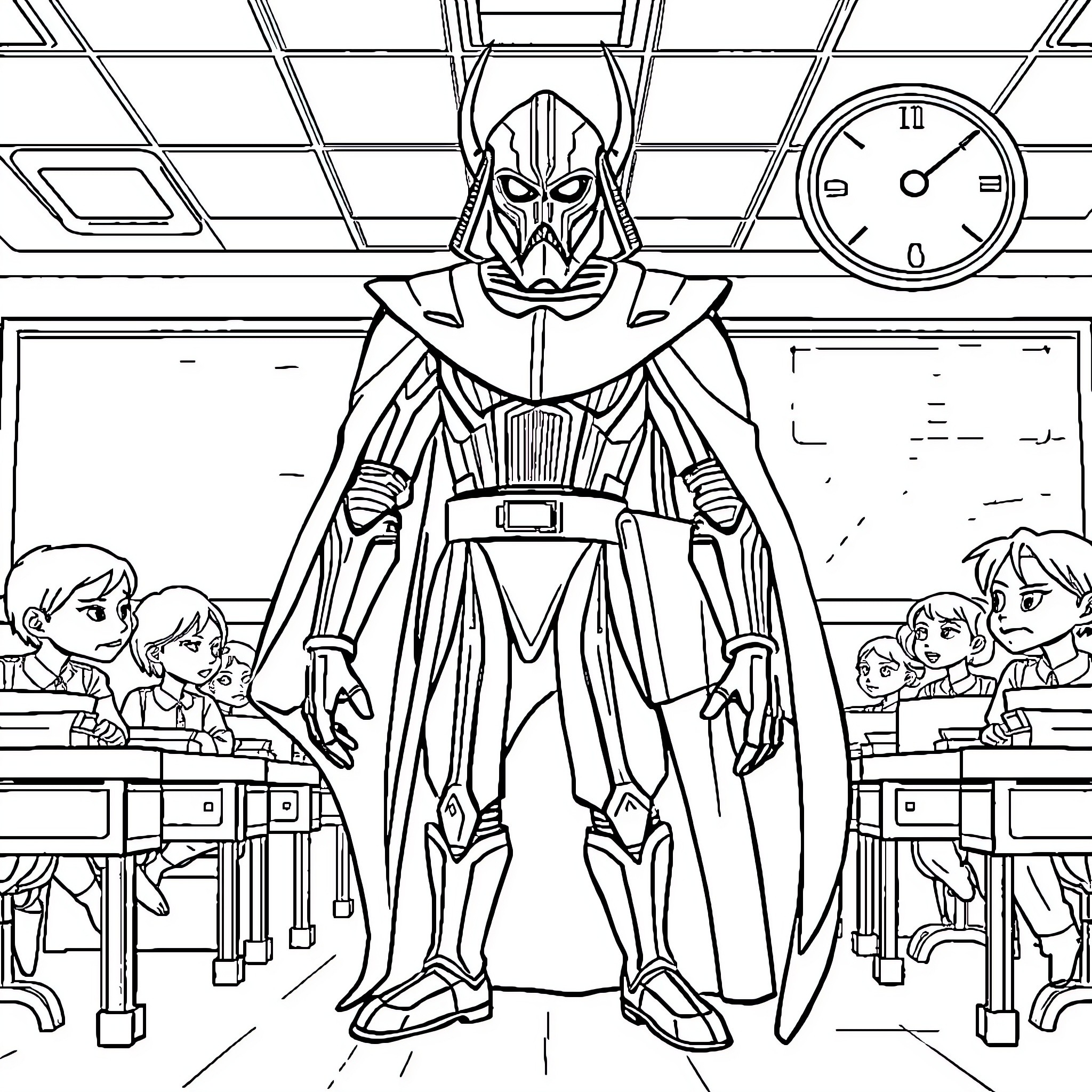 General Grievous Dominates the Classroom Coloring Page (free black-and-white line drawing printable PDF for all, from beginners to advanced learners, including children, teens, adults, and seniors)