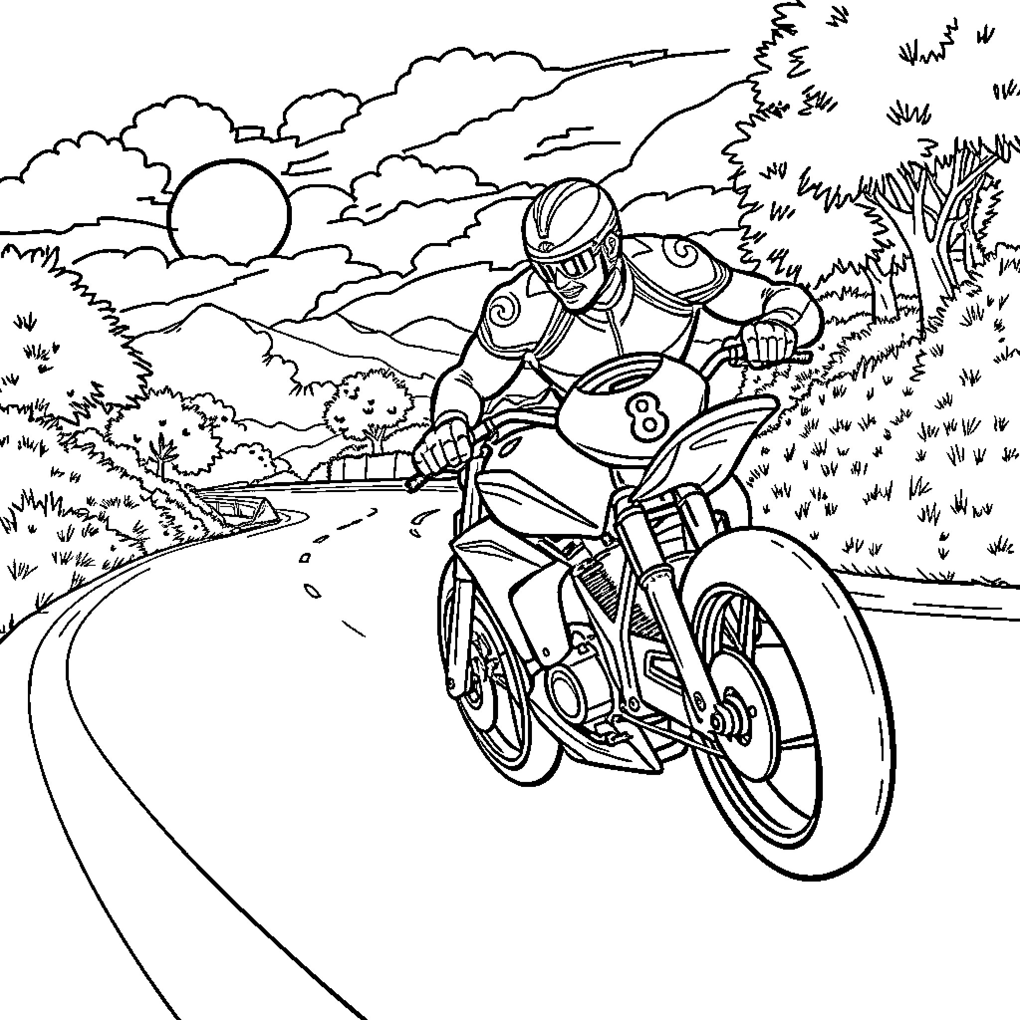 Channing Stacks Lorenzo Races Through the Countryside Coloring Page (free black-and-white line drawing printable PDF for all, from beginners to advanced learners, including children, teens, adults, and seniors)